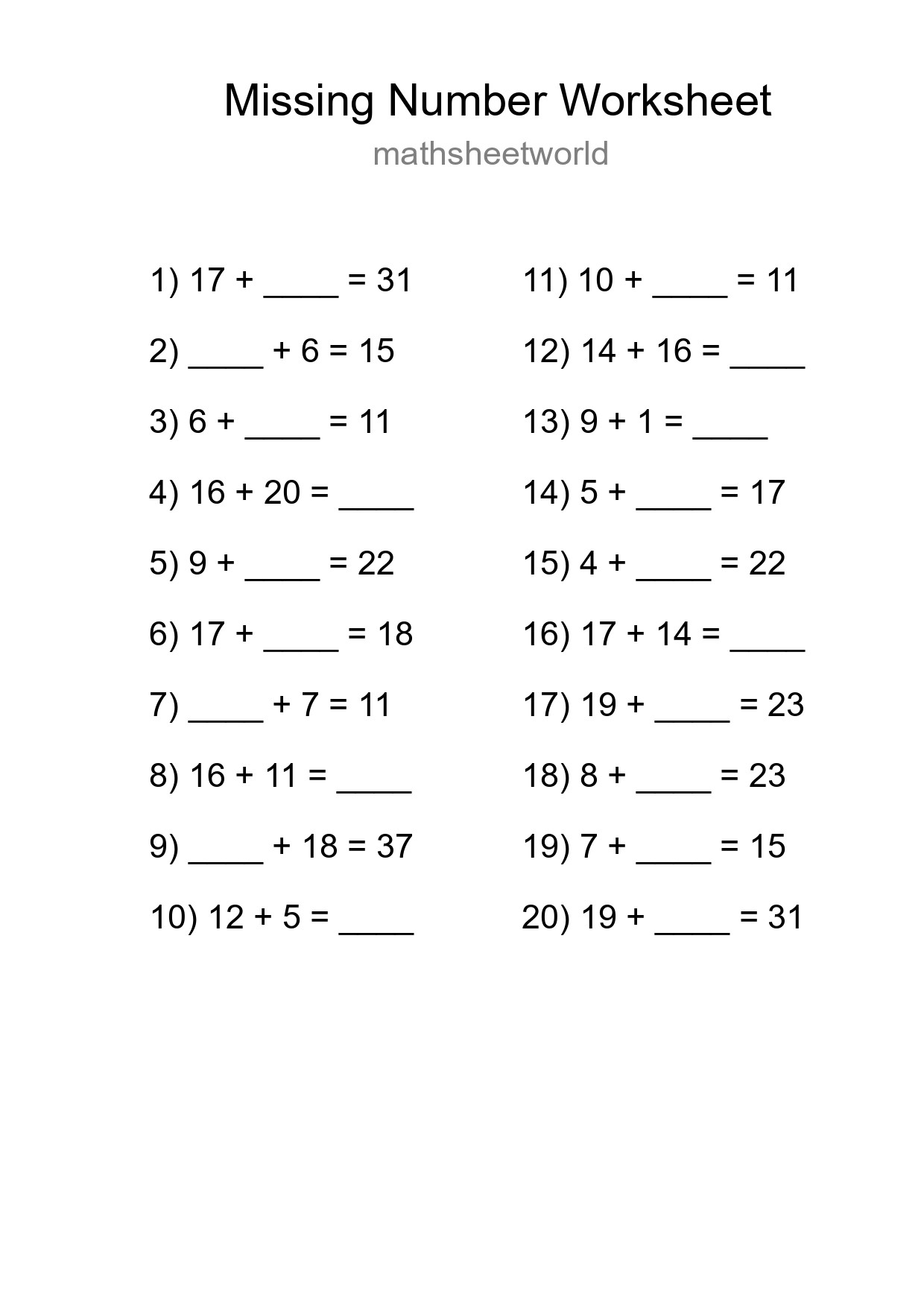 Missing Number Math Worksheet