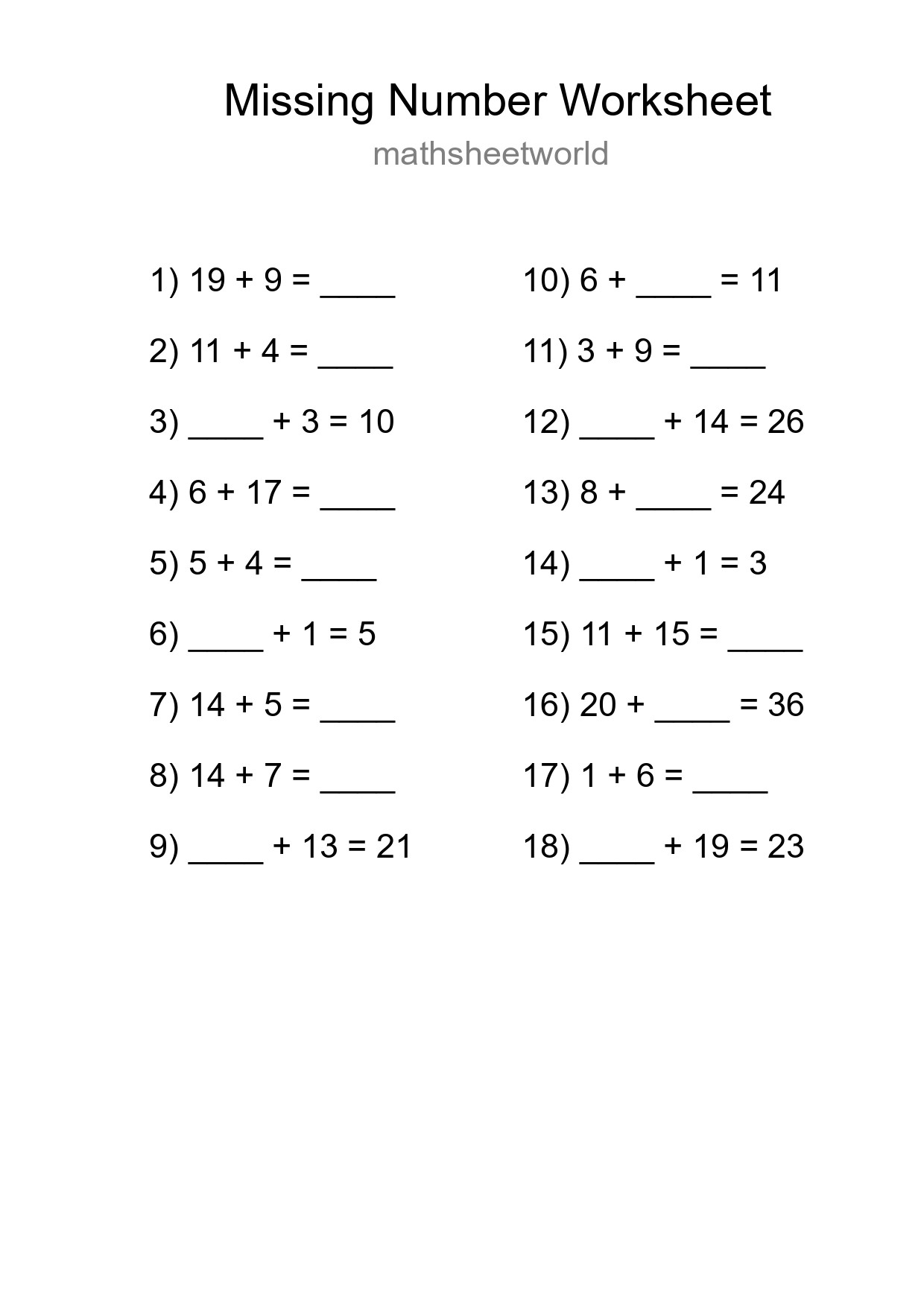 Missing Number Math Worksheet