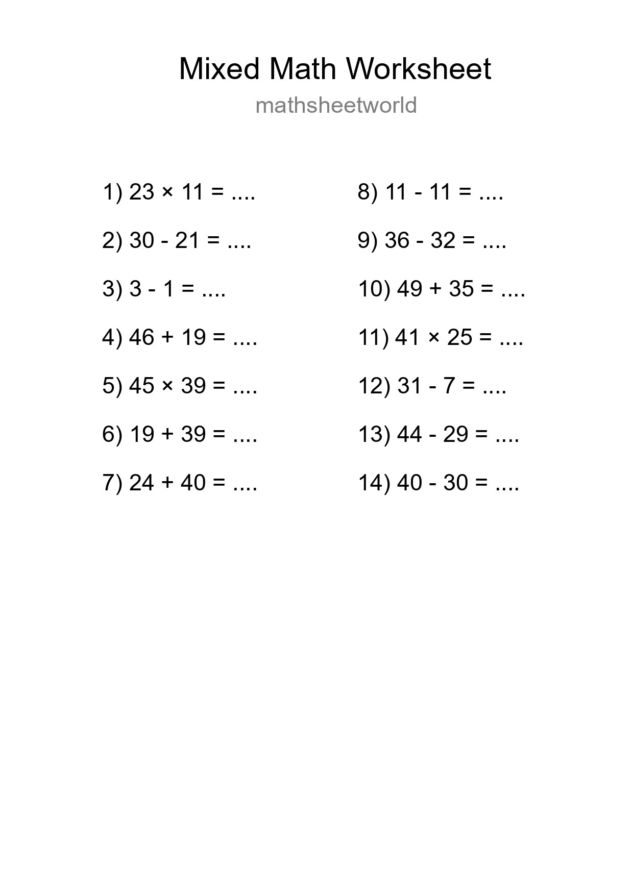 Mixed Operations Math Worksheet