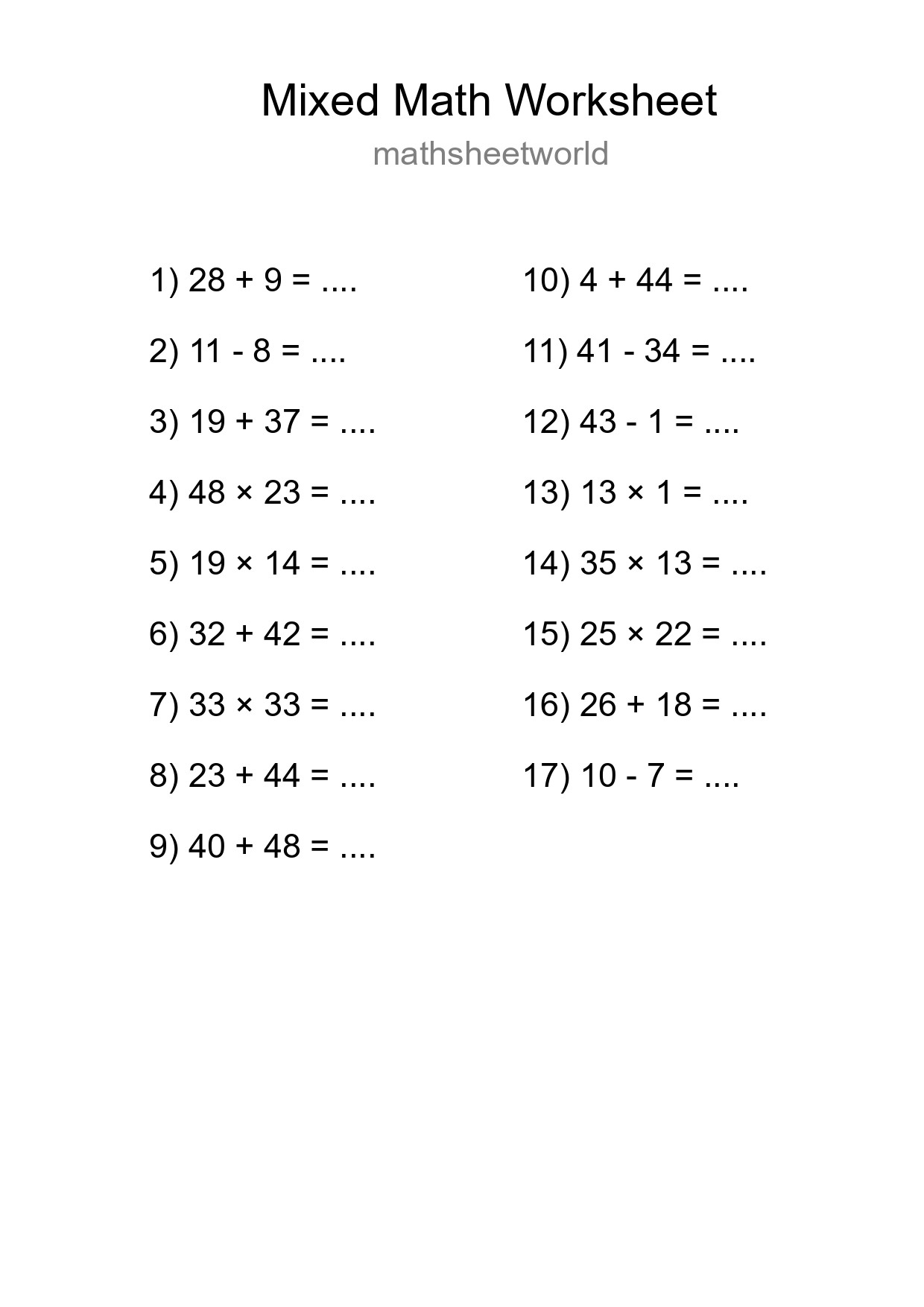 Mixed Operations Math Worksheet