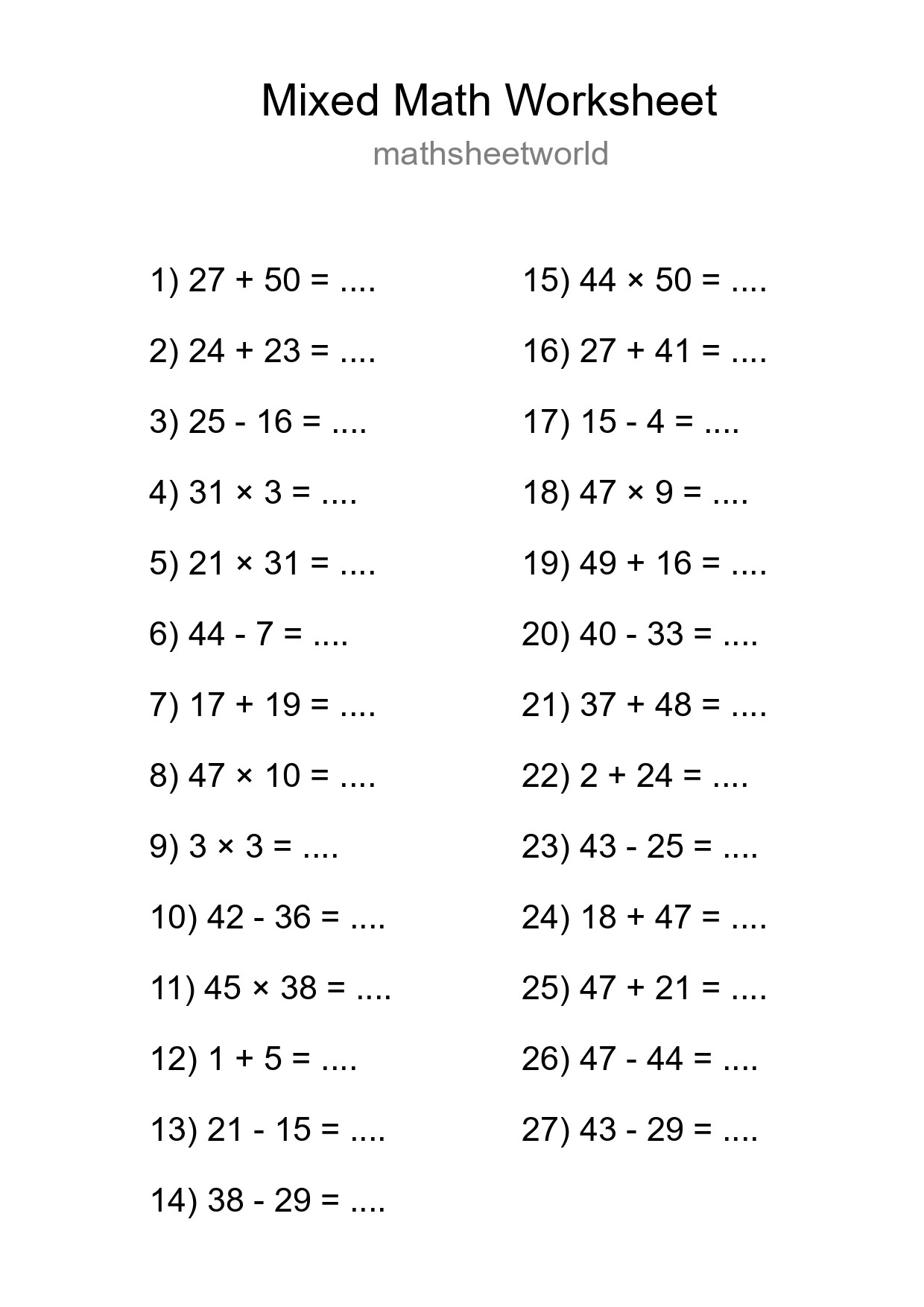 Mixed Operations Math Worksheet