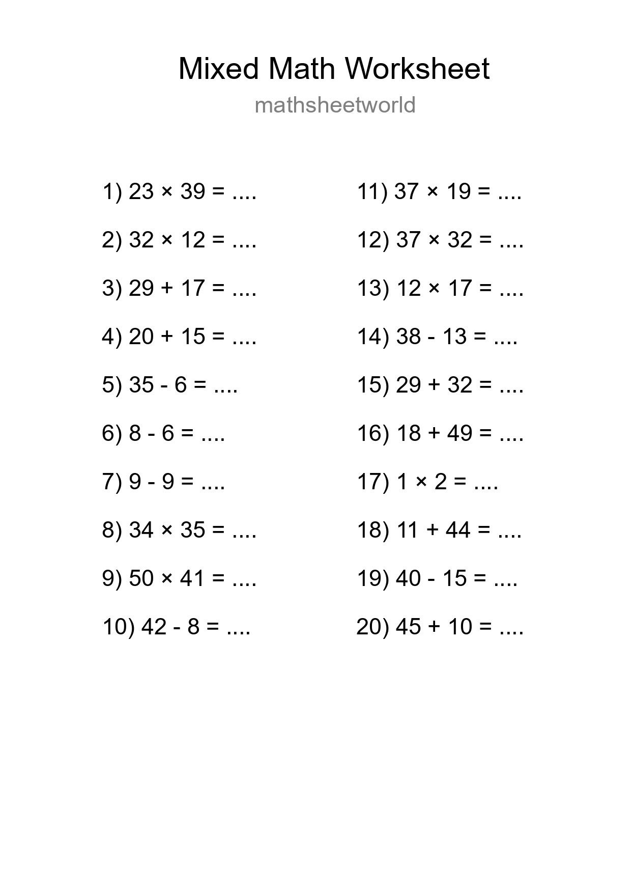 Mixed Operations Math Worksheet