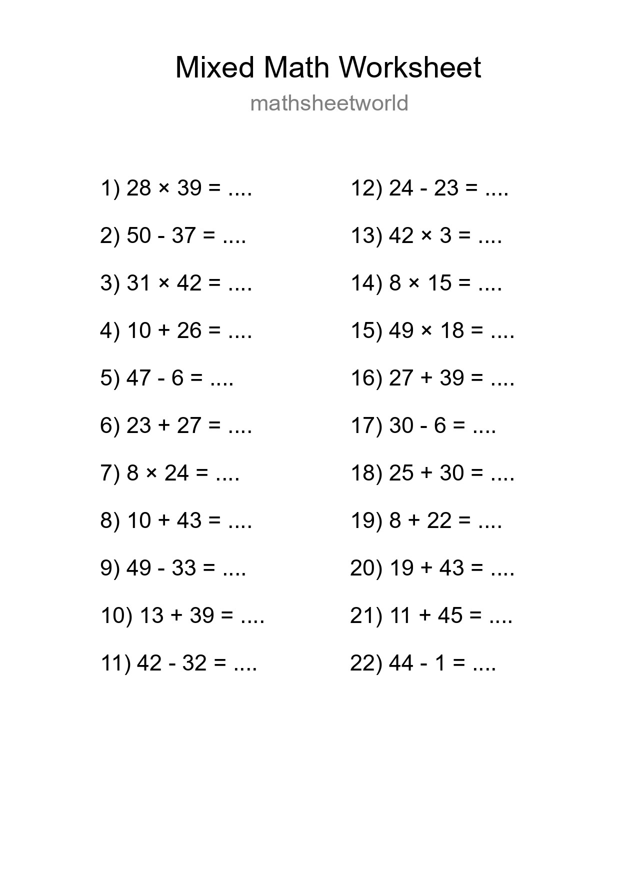 Mixed Operations Math Worksheet