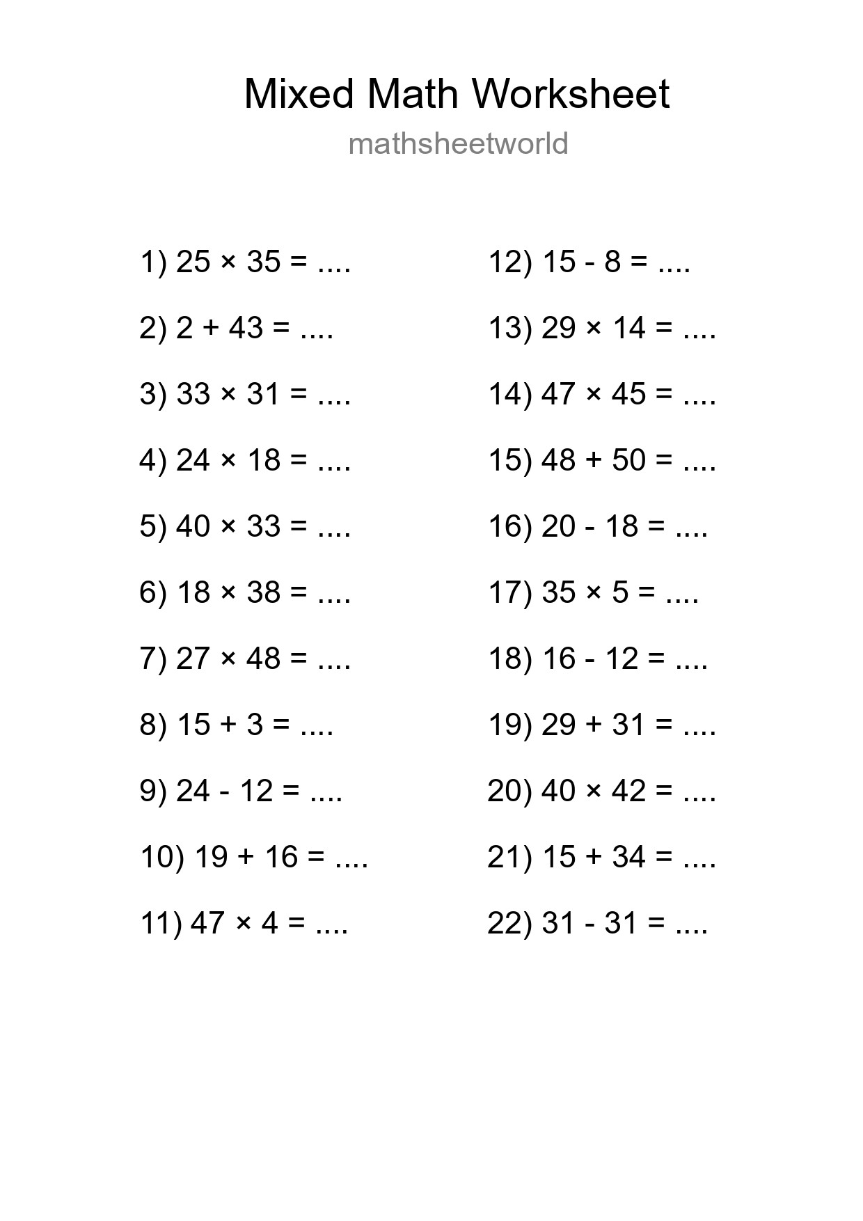 Mixed Operations Math Worksheet