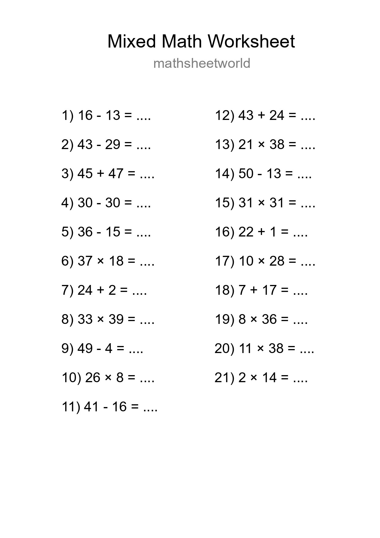 Mixed Operations Math Worksheet
