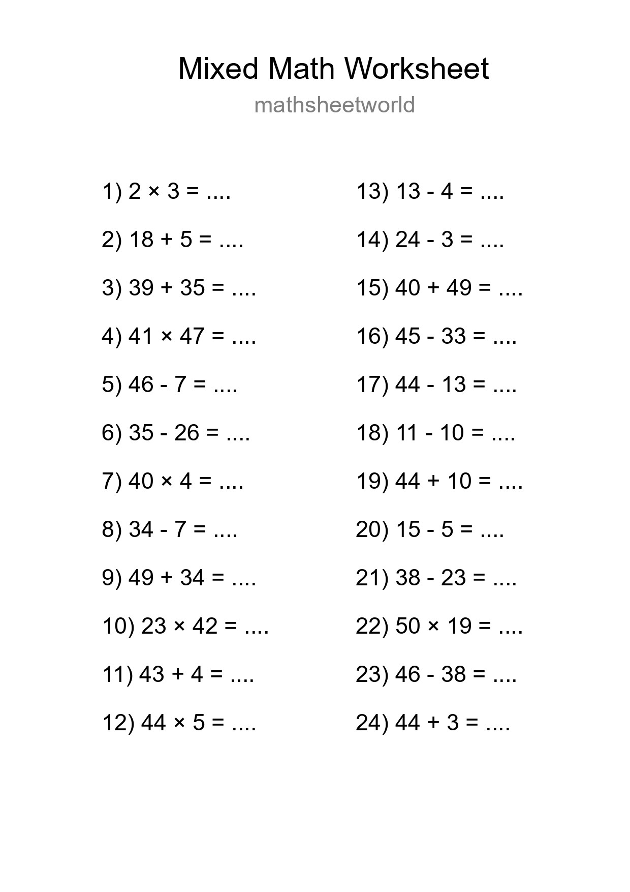Mixed Operations Math Worksheet