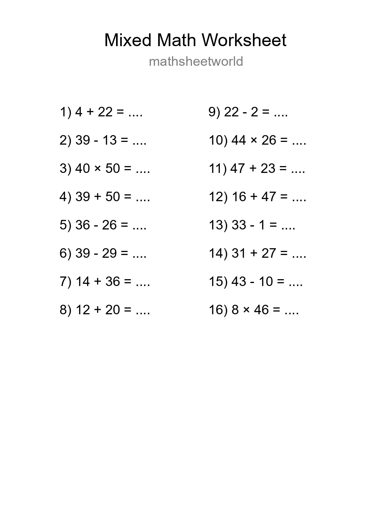 Mixed Operations Math Worksheet