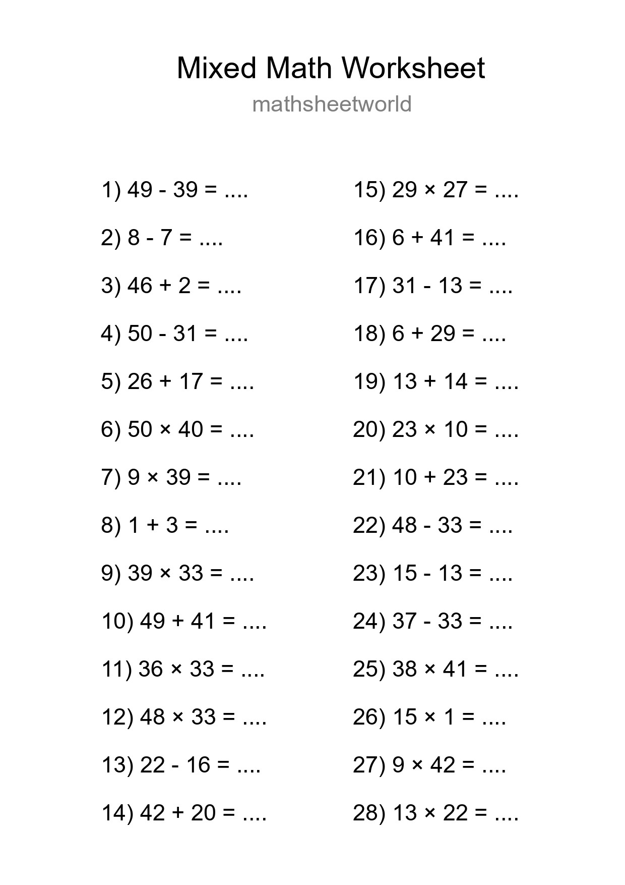 Mixed Operations Math Worksheet