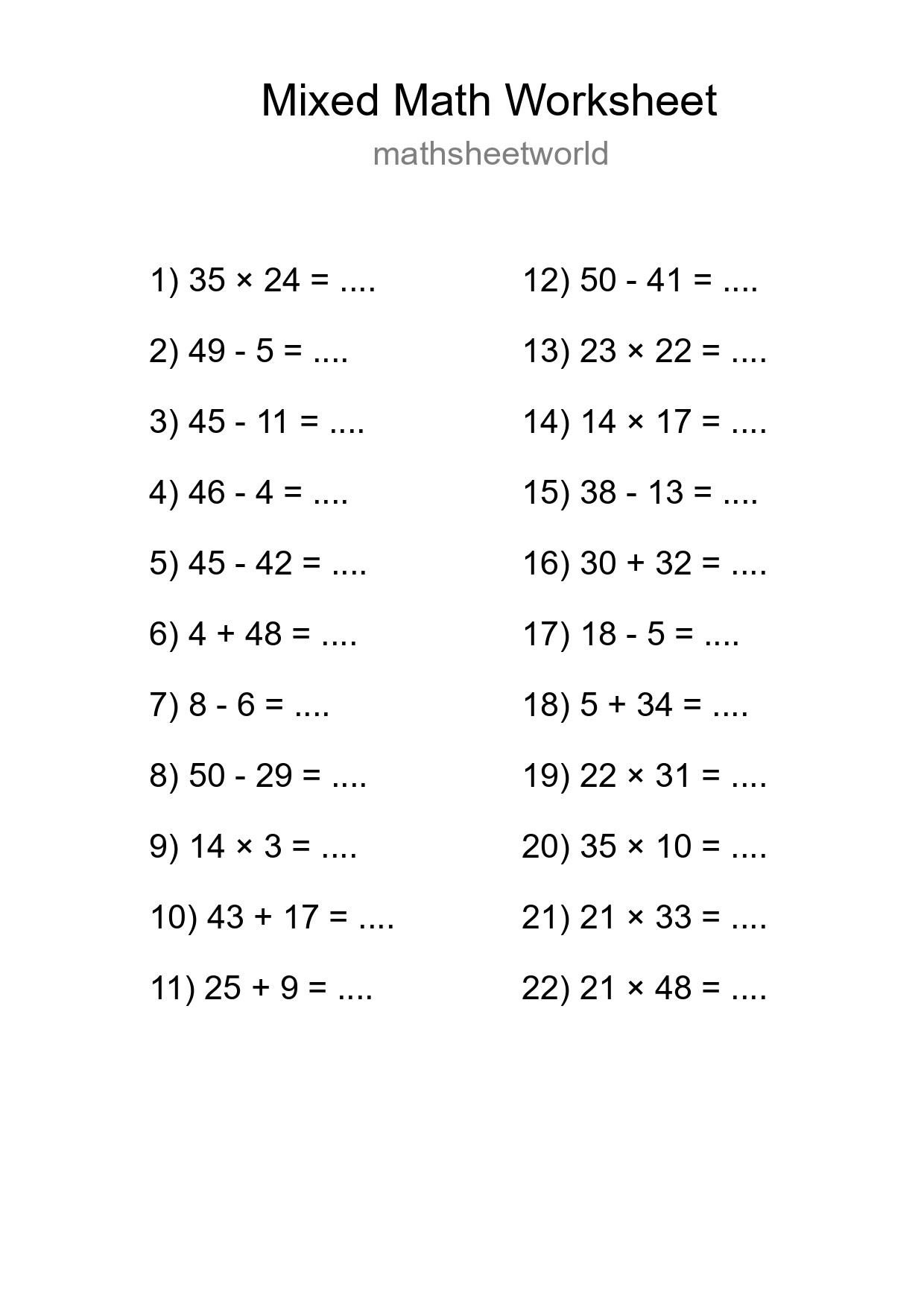 Mixed Operations Math Worksheet