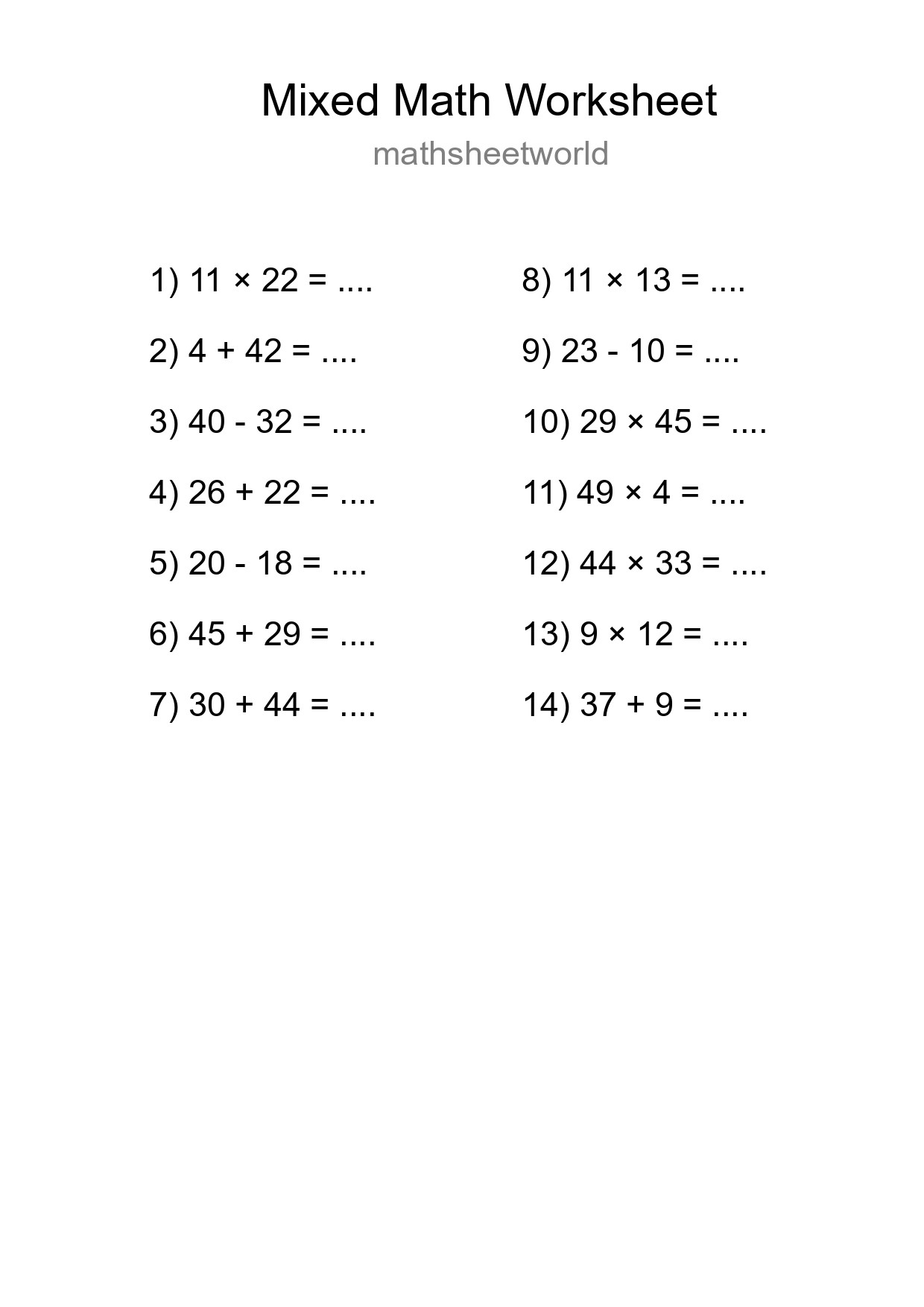 Mixed Operations Math Worksheet