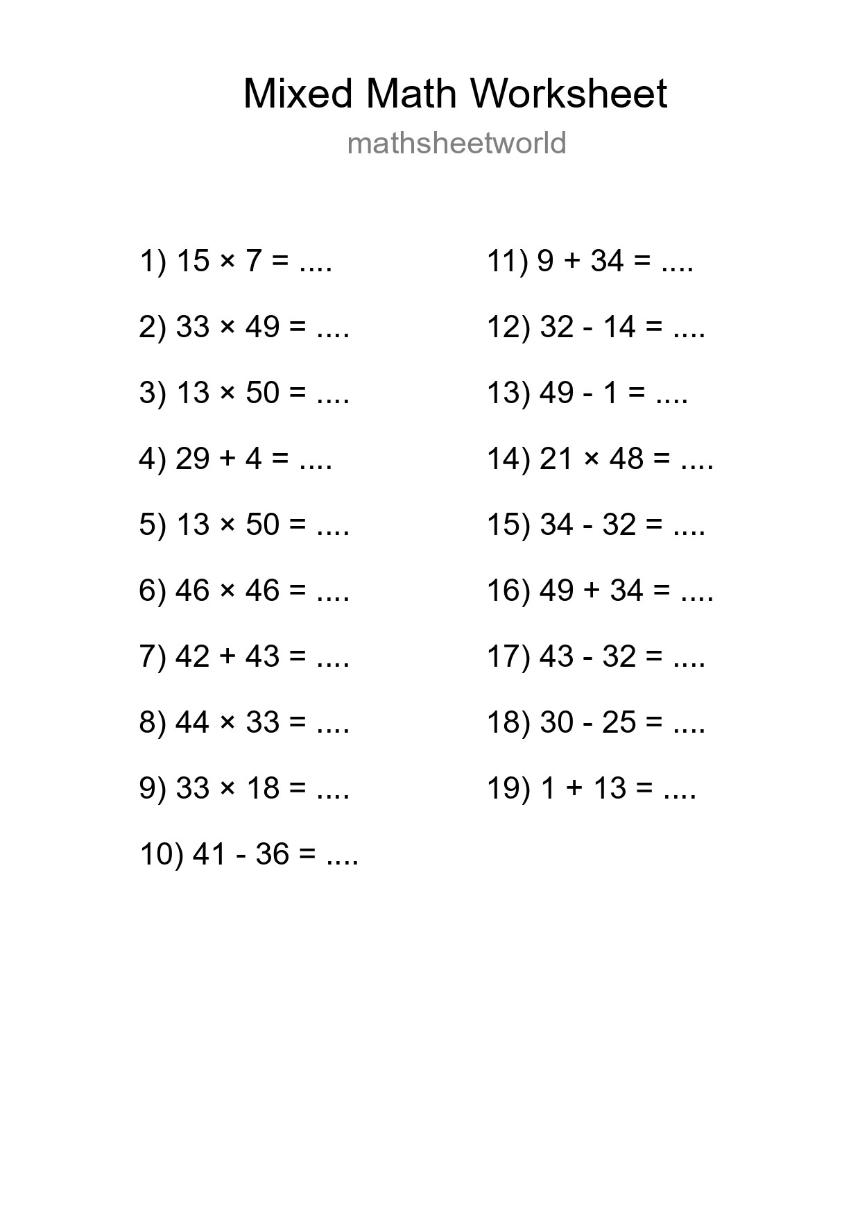 Mixed Operations Math Worksheet