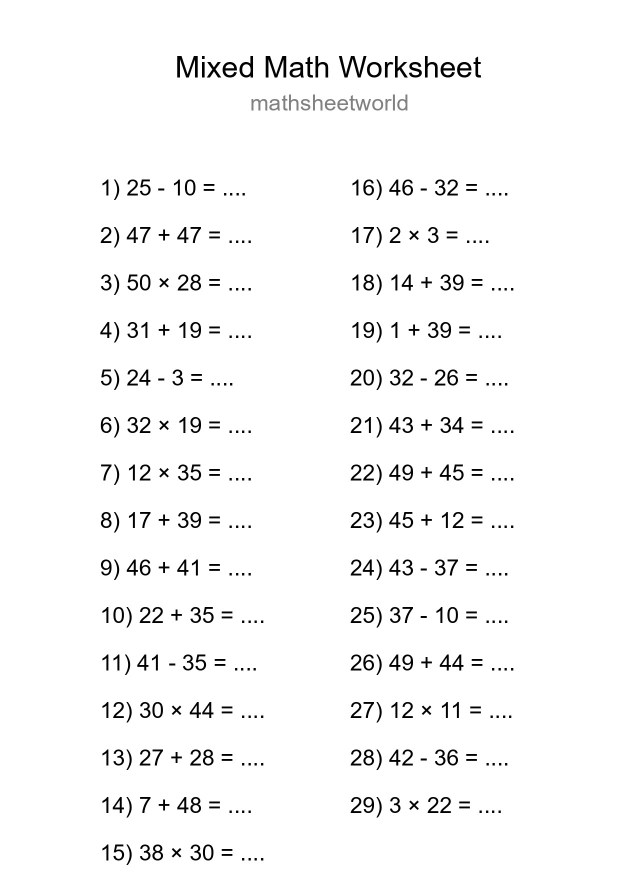 Mixed Operations Math Worksheet