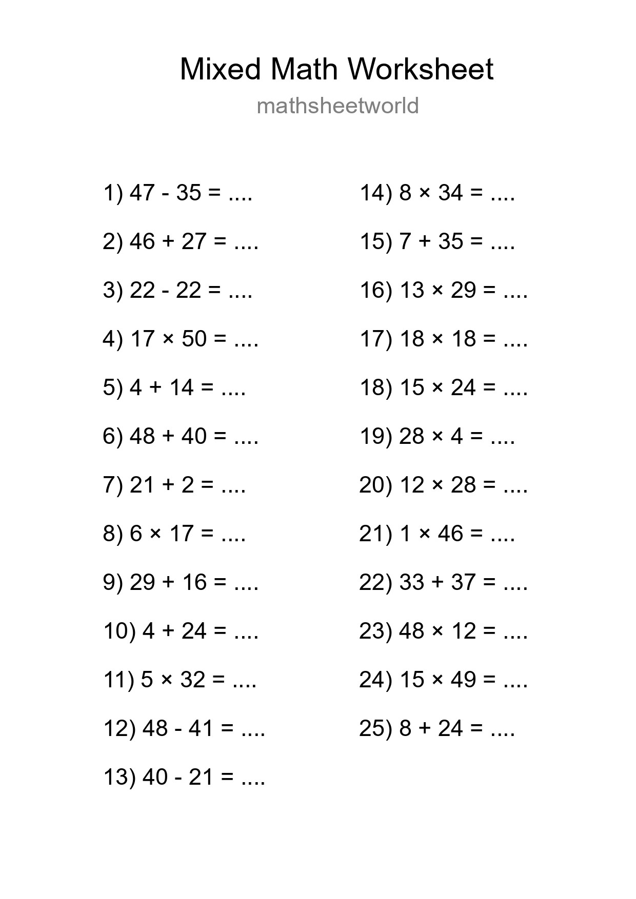 Mixed Operations Math Worksheet