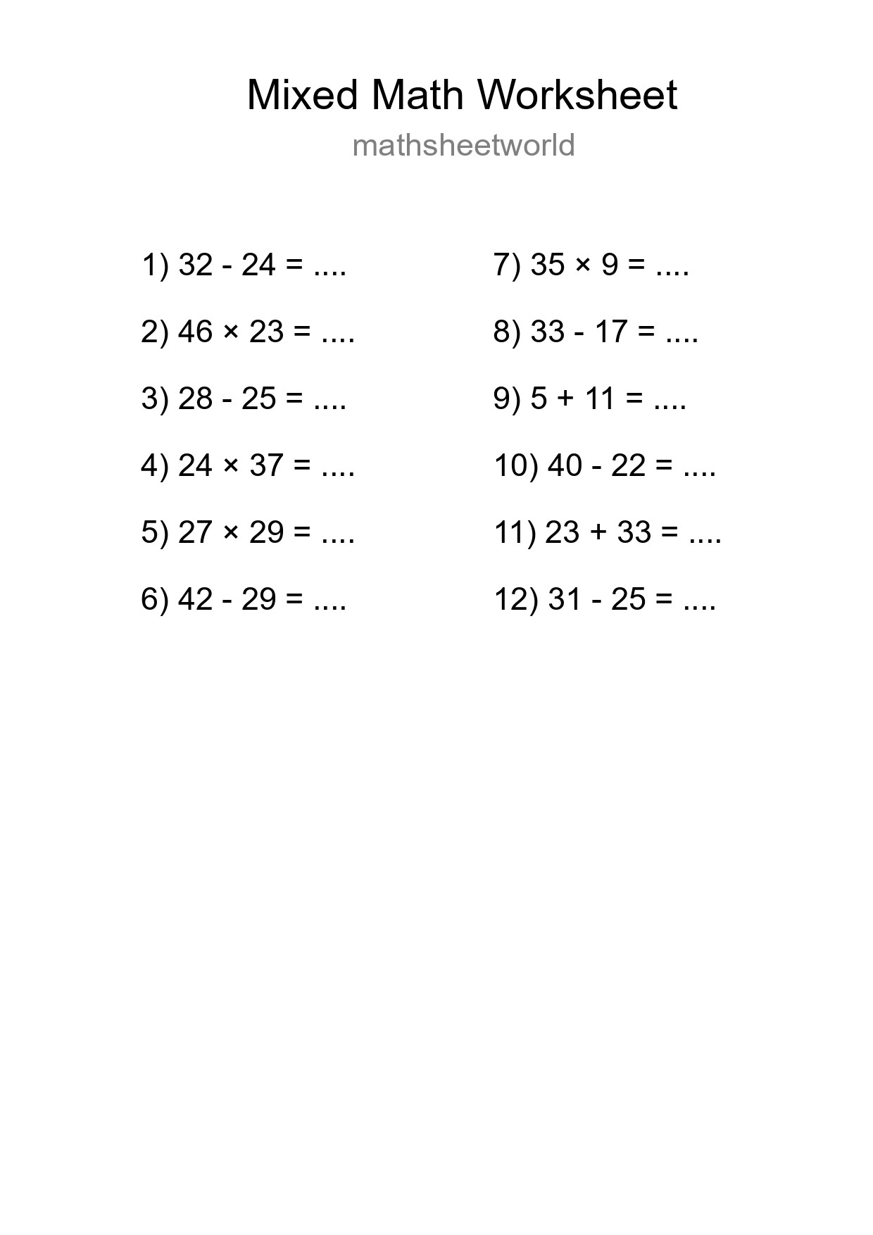 Mixed Operations Math Worksheet
