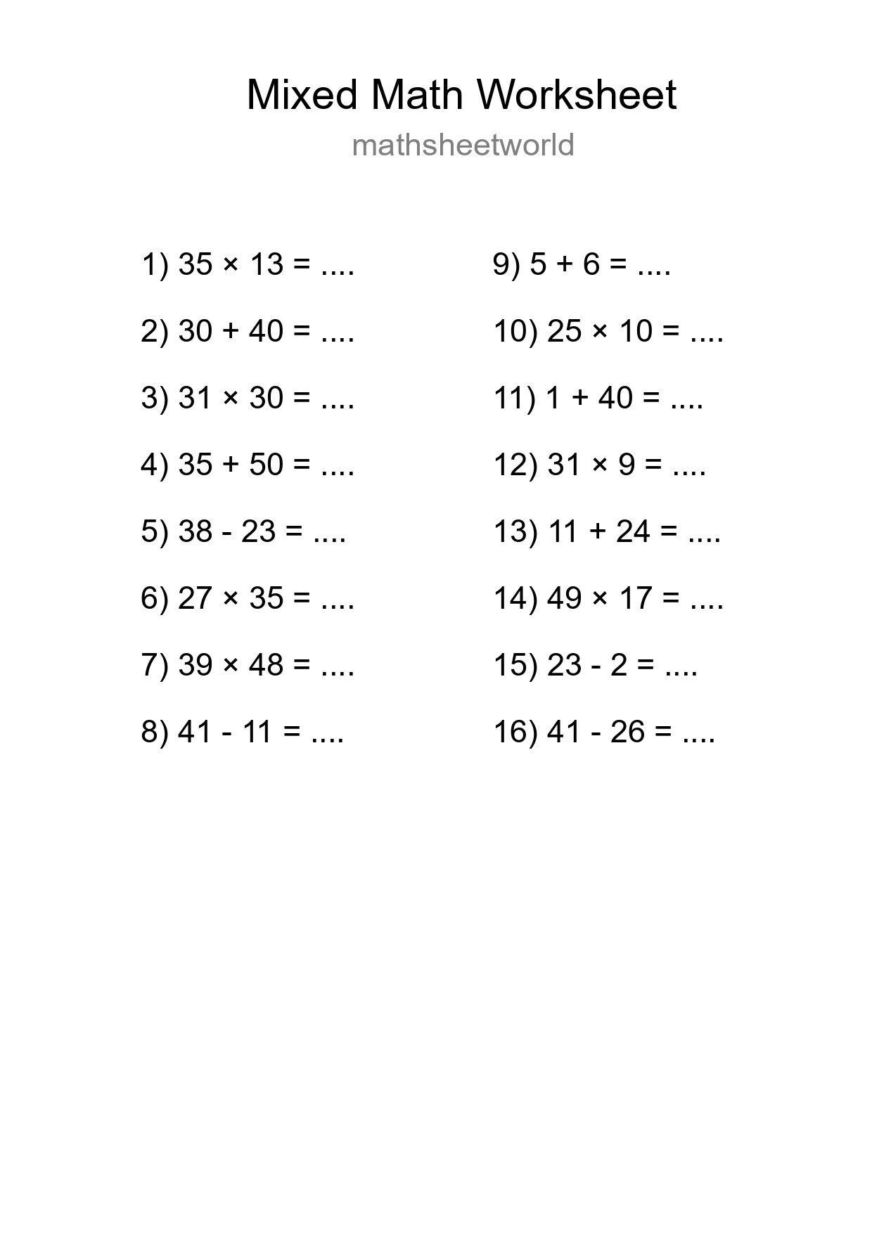 Mixed Operations Math Worksheet