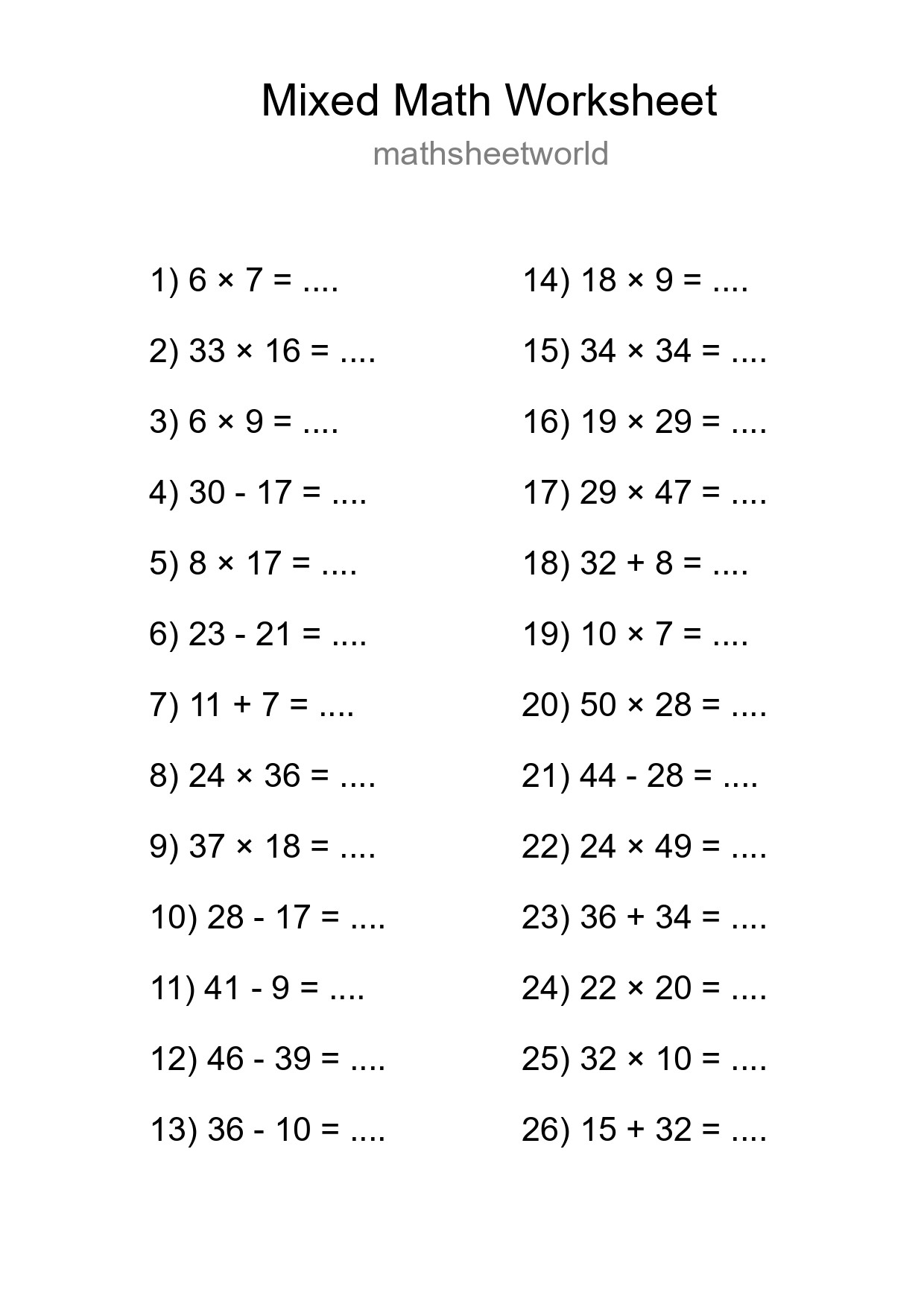 Mixed Operations Math Worksheet