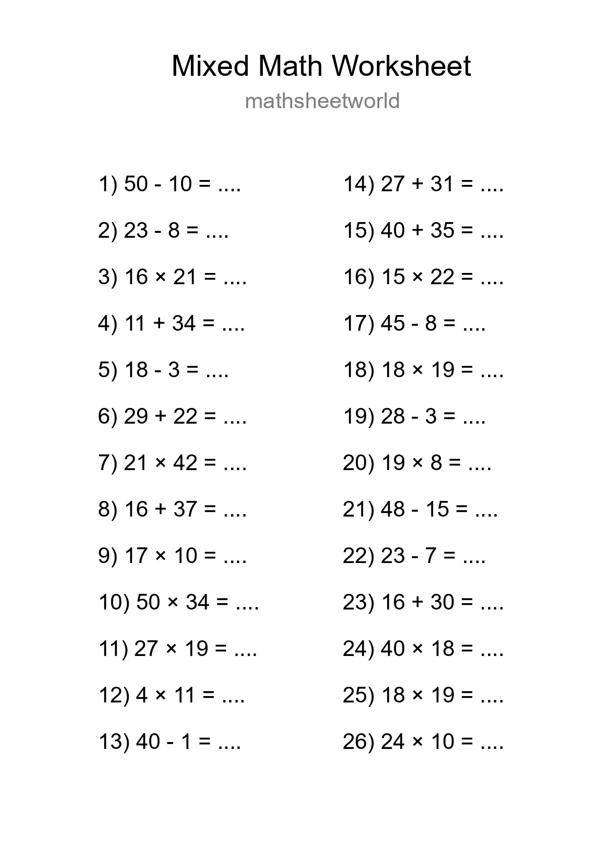 Mixed Operations Math Worksheet