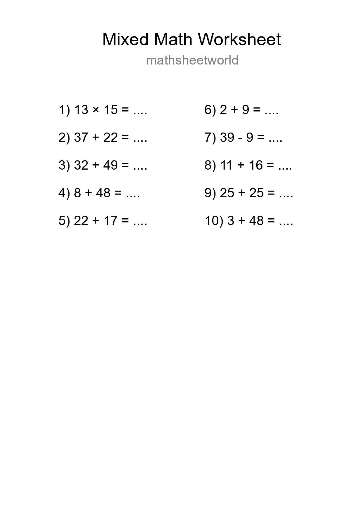Mixed Operations Math Worksheet