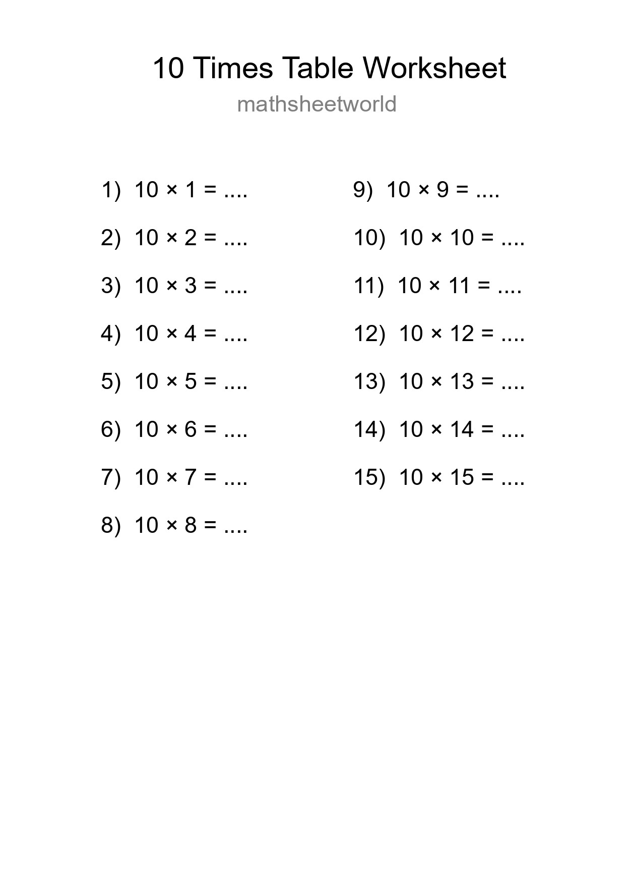 Printable 10 Times Table Worksheet For Grade 3 - Part 152