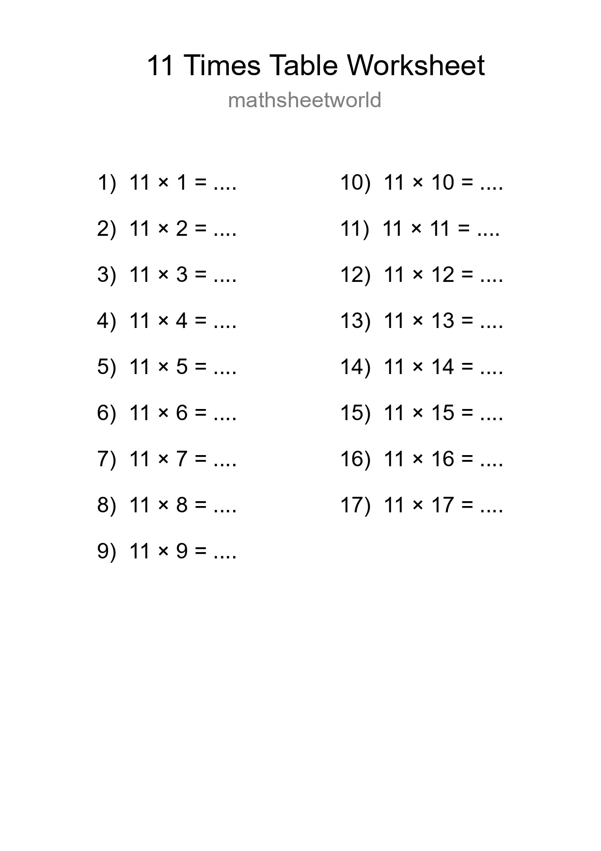 Printable 11 Times Table Worksheet For Grade 4 - Part 20