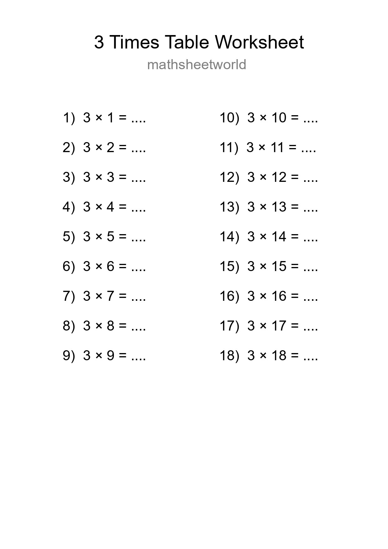 Printable 3 Times Table Worksheet For Grade 2 - Part 207