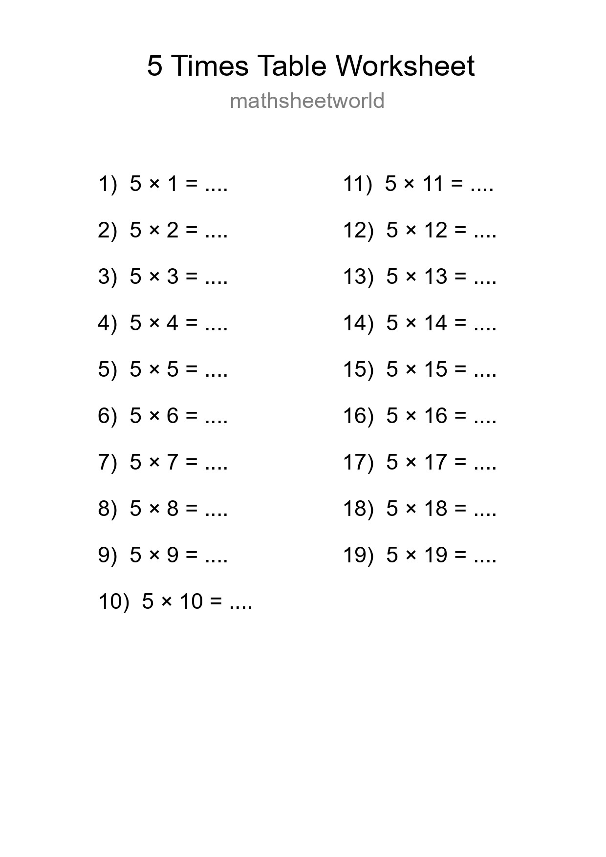 Printable 5 Times Table Worksheet For Grade 2 - Part 86