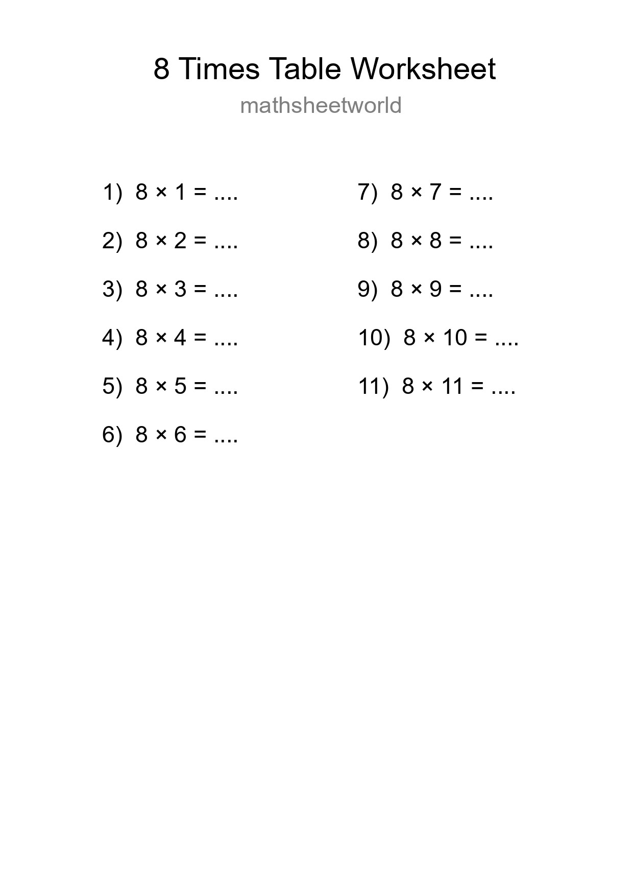 Printable 8 Times Table Worksheet For Grade 3 - Part 141