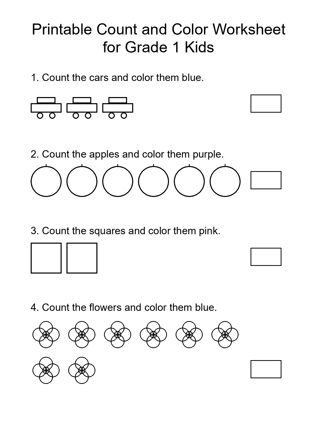 Printable Count and Color Worksheet for Grade 1 Kids