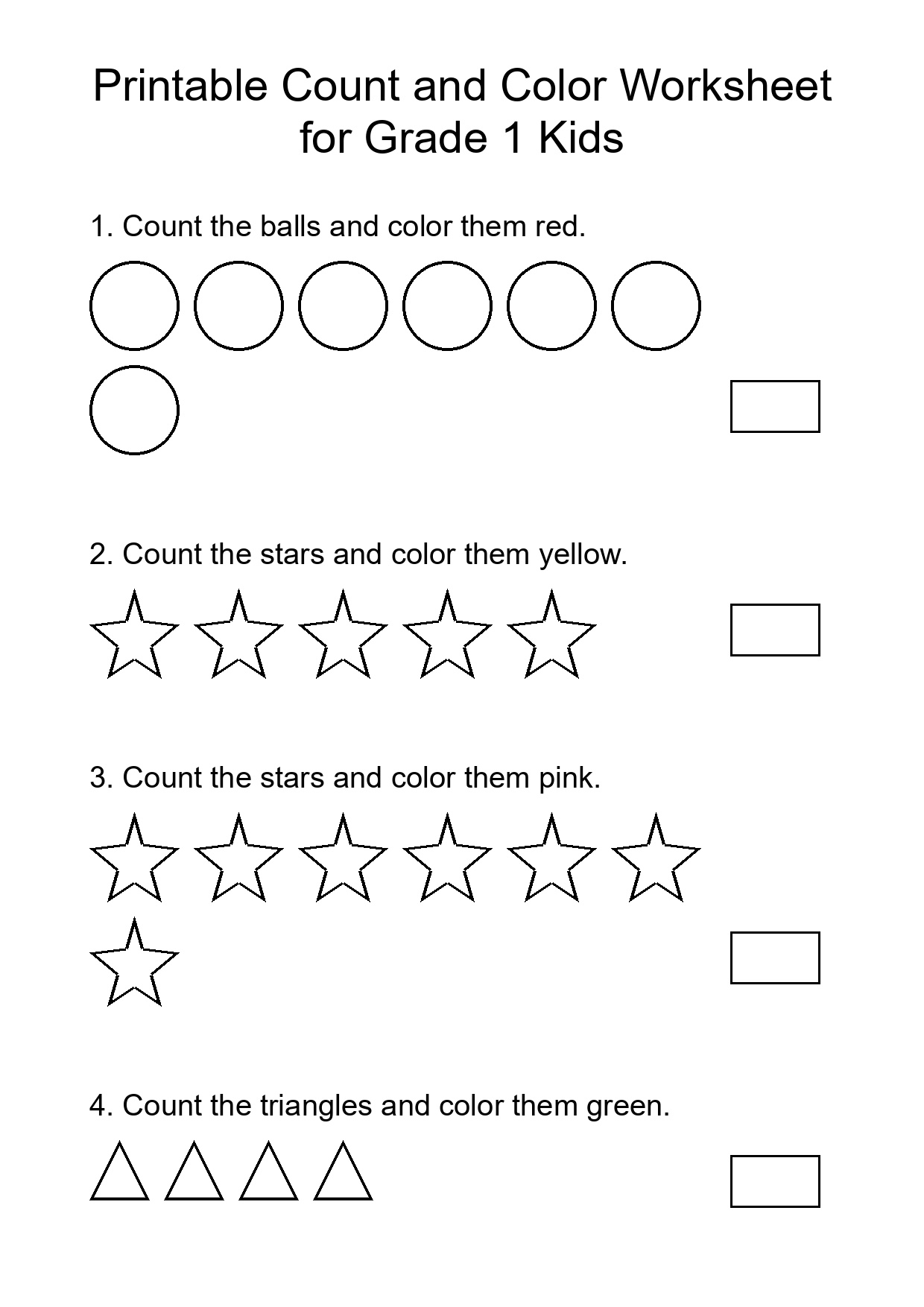 Printable Count and Color Worksheet for Grade 1 Kids