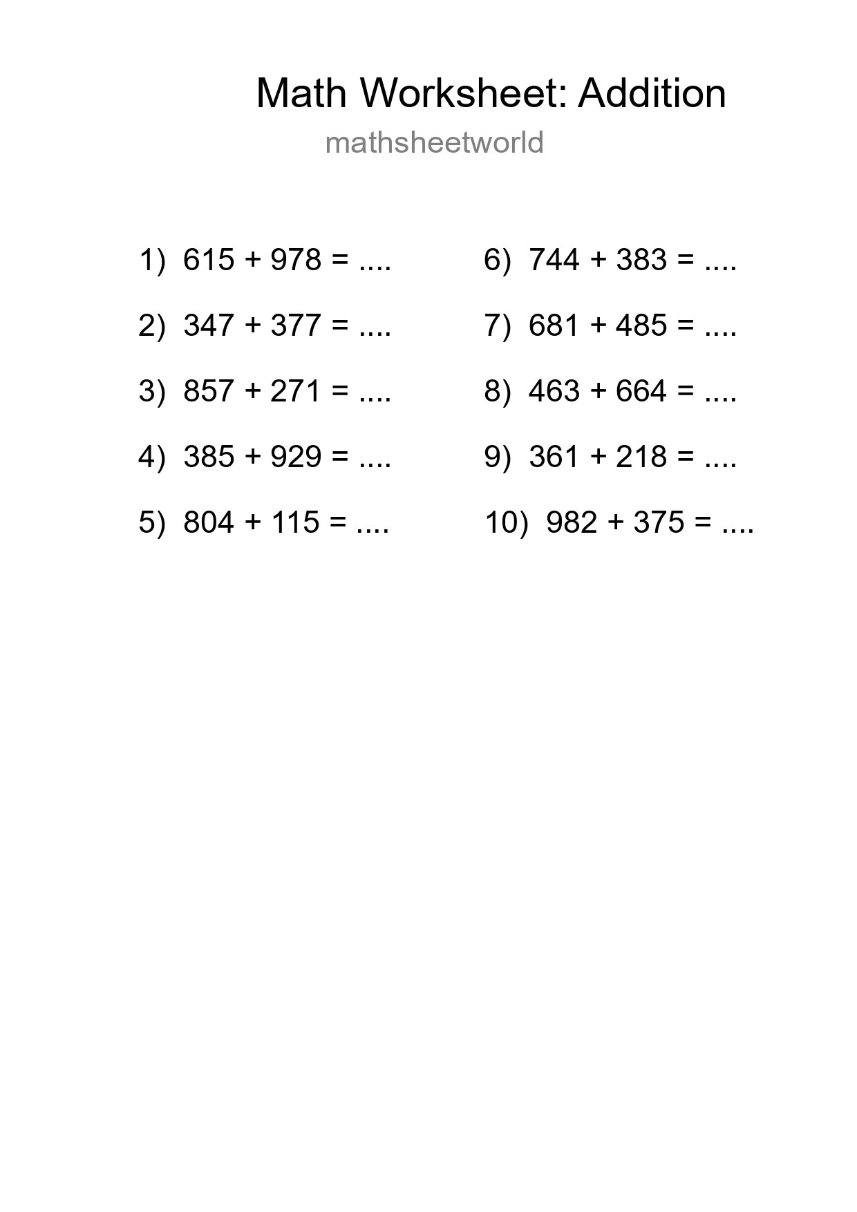 Printable Free 10 Addition Math Worksheet For Grade 5 - Part 89
