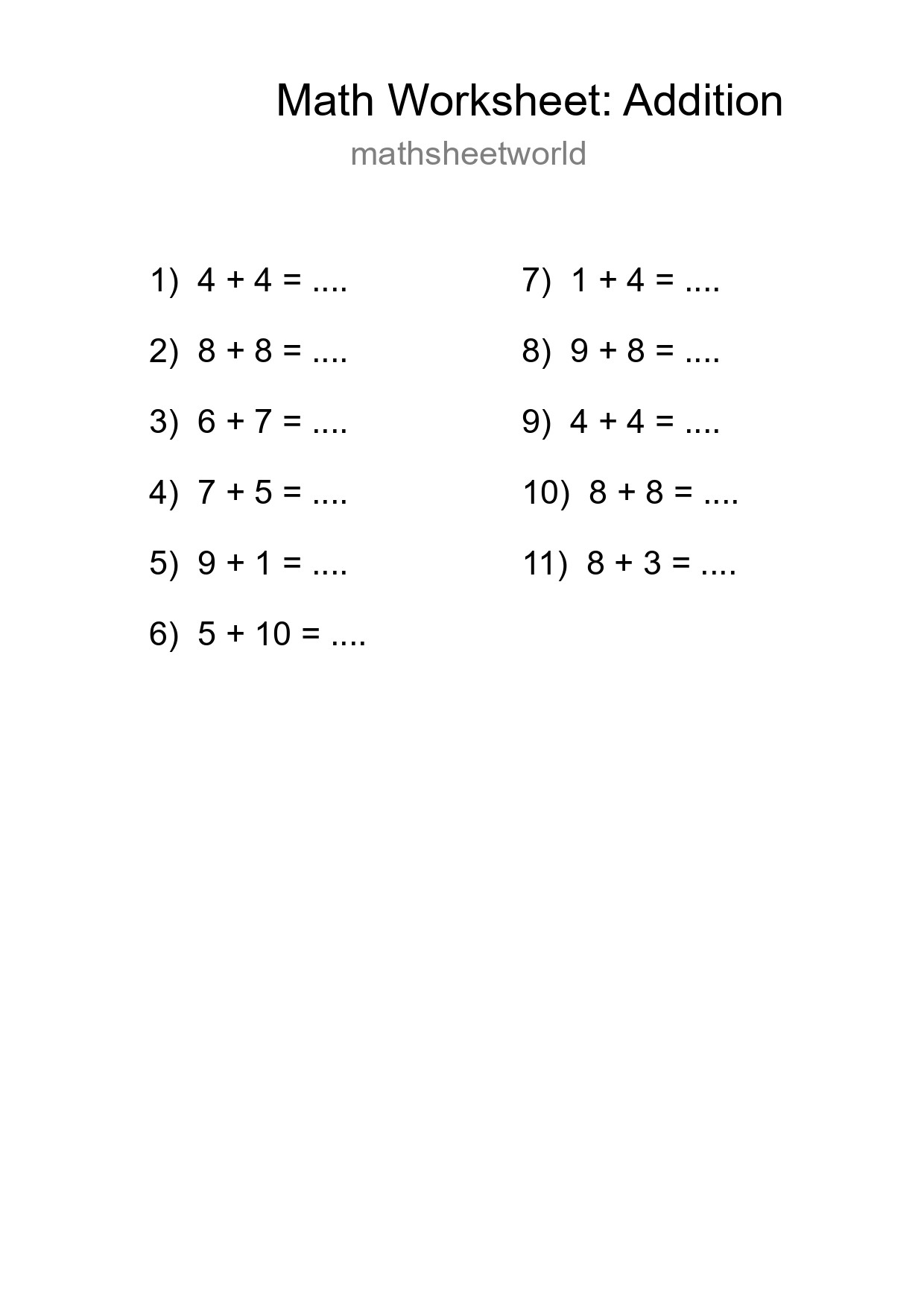 Printable Free 11 Addition Math Worksheet For Grade 1 - Part 45