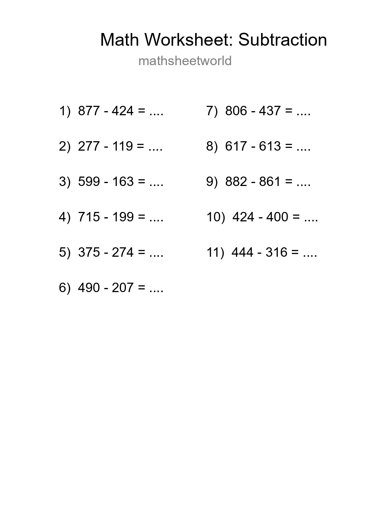 Printable Free 11 Subtraction Math Worksheet For Grade 5 - Part 206