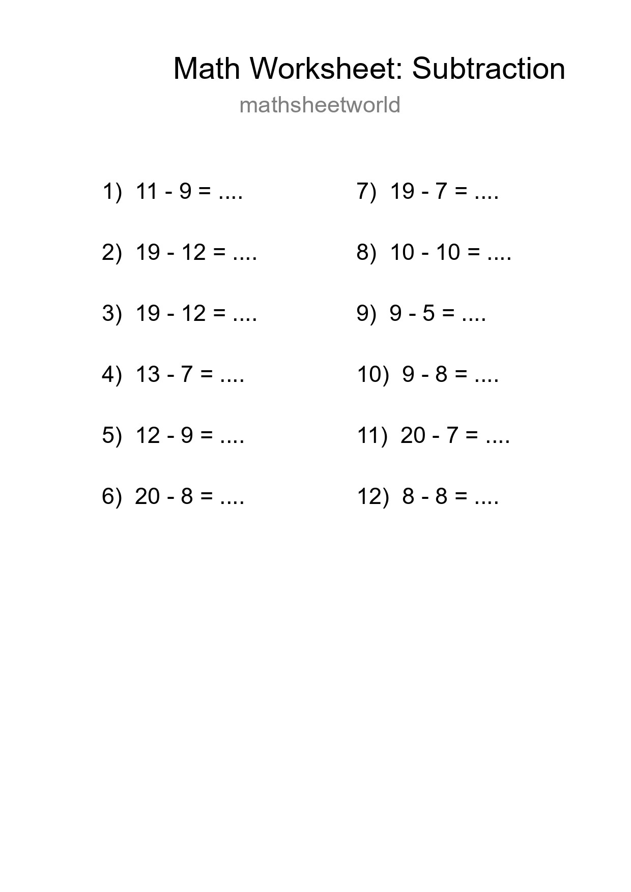 Printable Free 12 Subtraction Math Worksheet For Grade 2 - Part 195