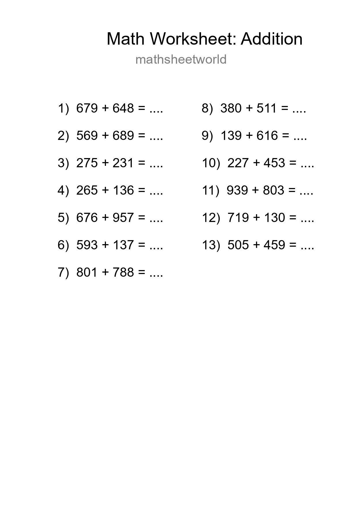 Printable Free 13 Addition Math Worksheet For Grade 5 - Part 56