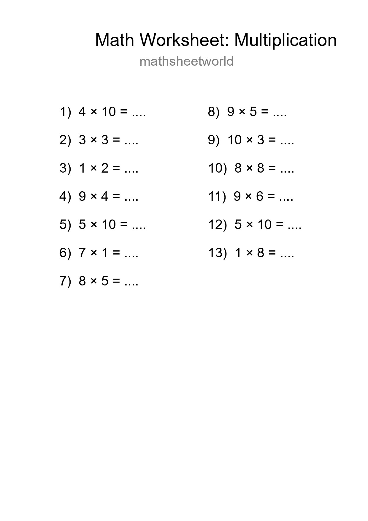 Printable Free 13 Multiplication Math Worksheet For Grade 1 - Part 62