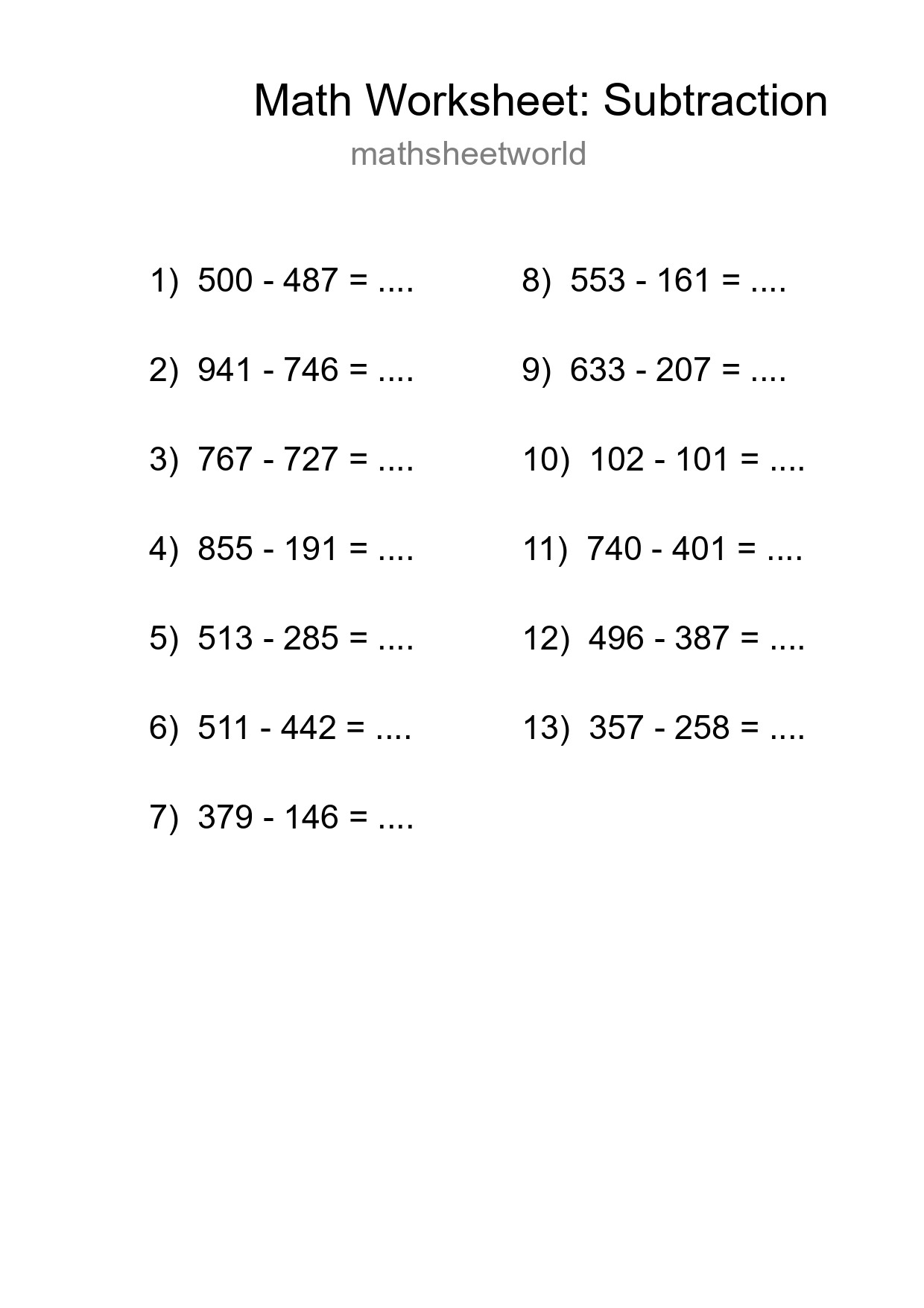 Printable Free 13 Subtraction Math Worksheet For Grade 5 - Part 162