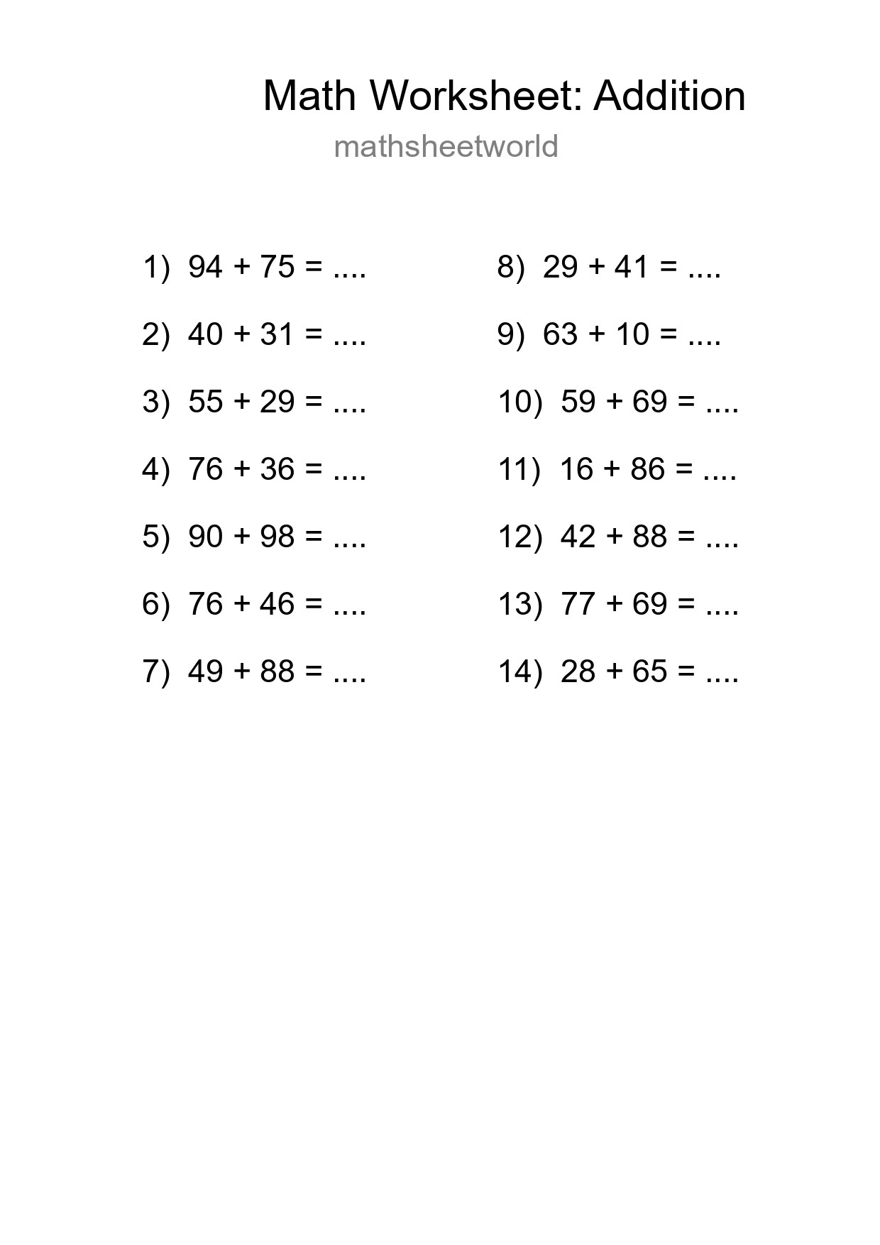 Printable Free 14 Addition Math Worksheet For Grade 3 - Part 177