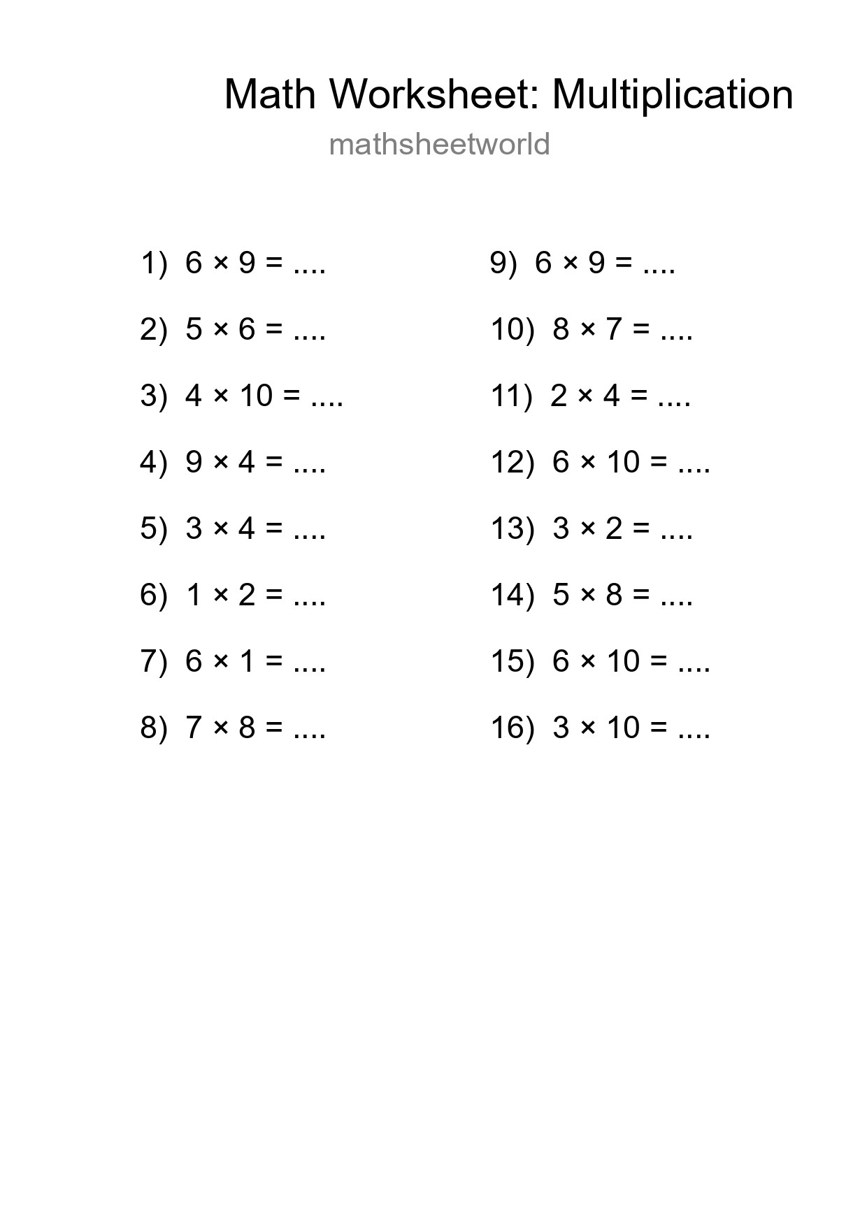 Printable Free 16 Multiplication Math Worksheet For Grade 1 - Part 161