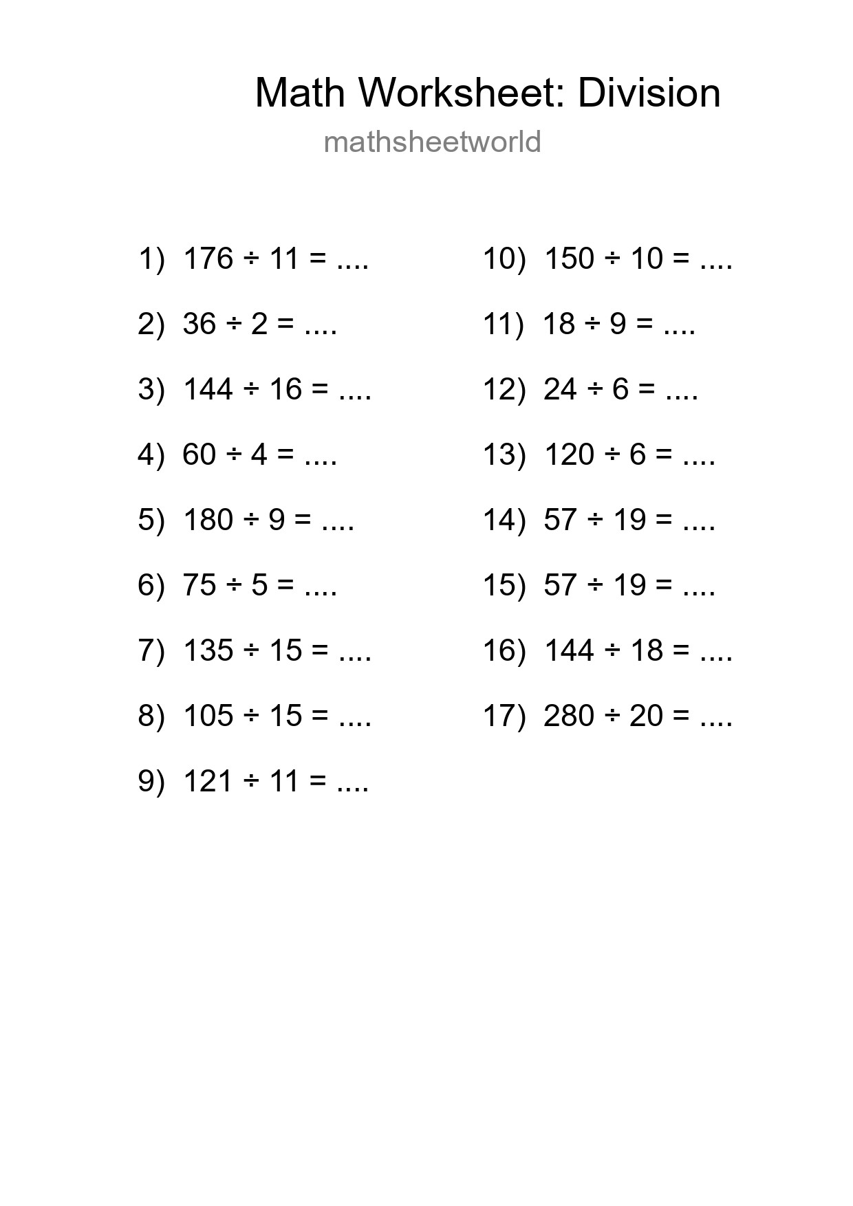 Printable Free 17 Division Math Worksheet For Grade 2 - Part 125