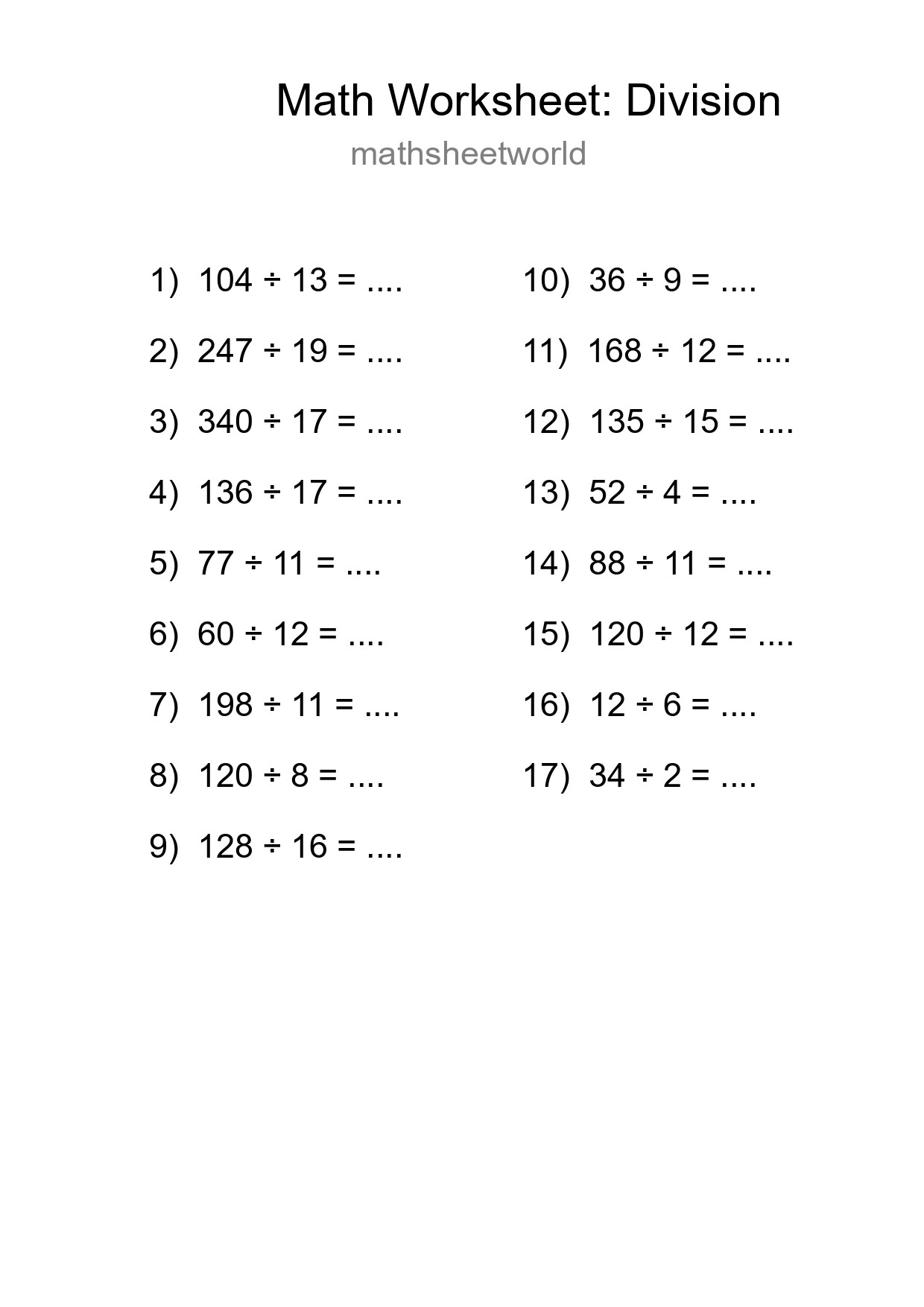 Printable Free 17 Division Math Worksheet For Grade 2 - Part 279