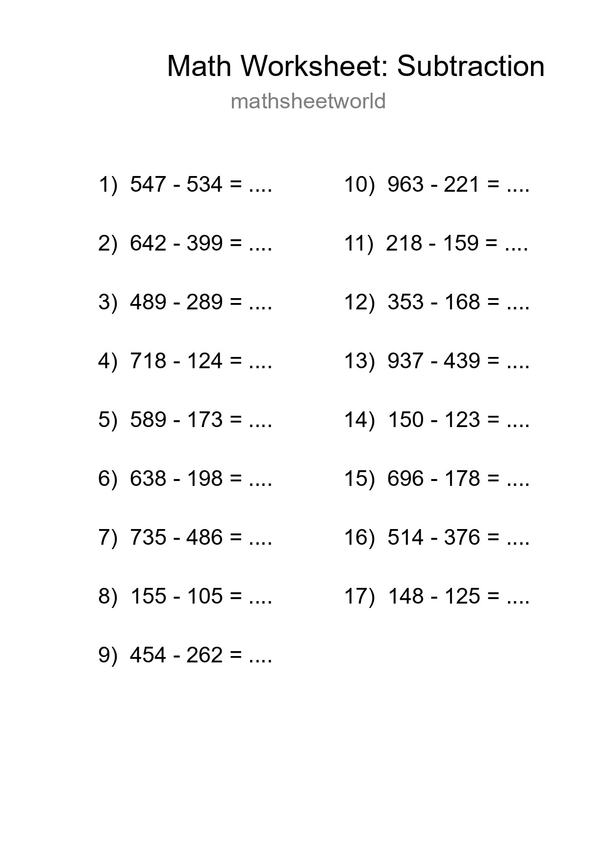 Printable Free 17 Subtraction Math Worksheet For Grade 5 - Part 283