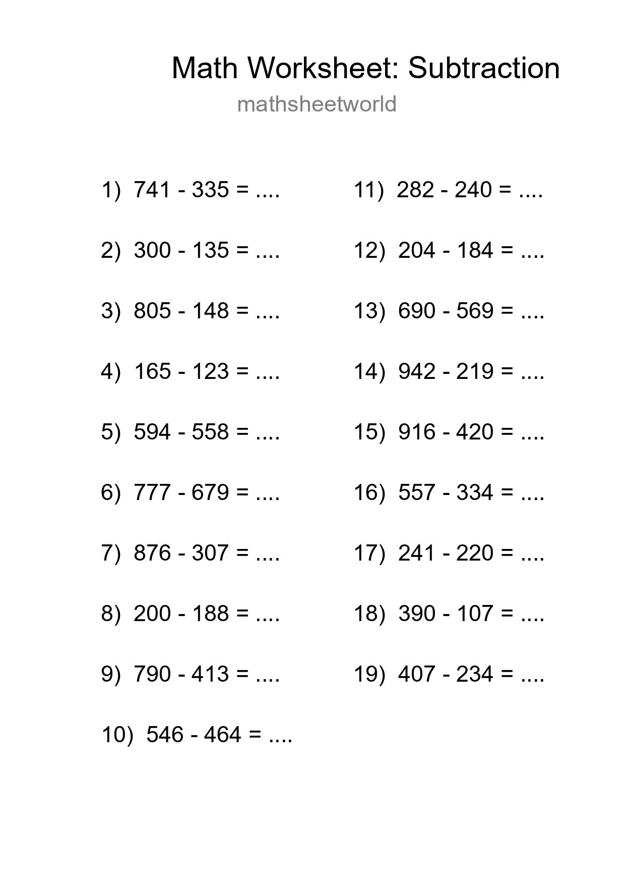 Printable Free 19 Subtraction Math Worksheet For Grade 5 - Part 30