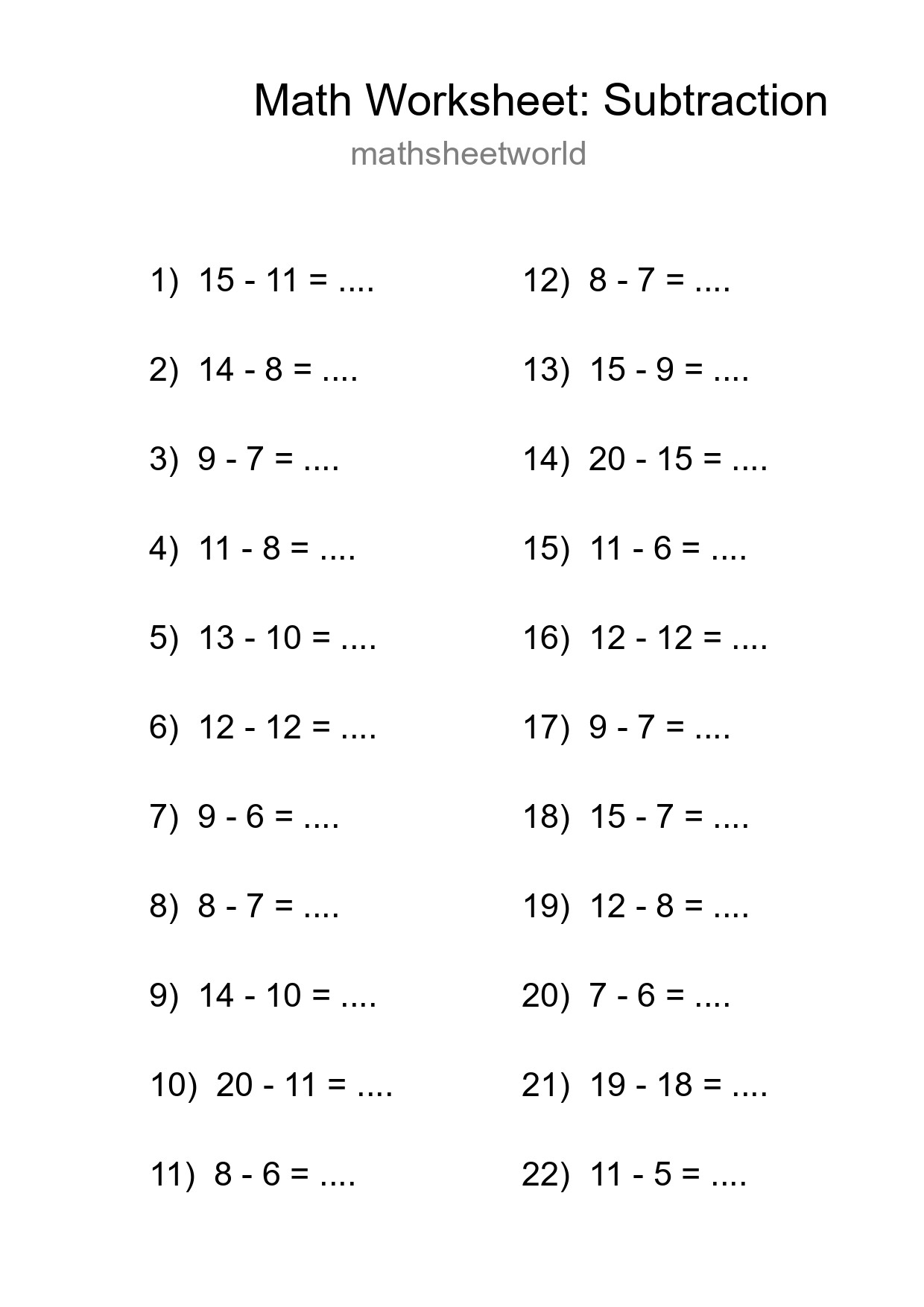 Printable Free 22 Subtraction Math Worksheet For Grade 2 - Part 118