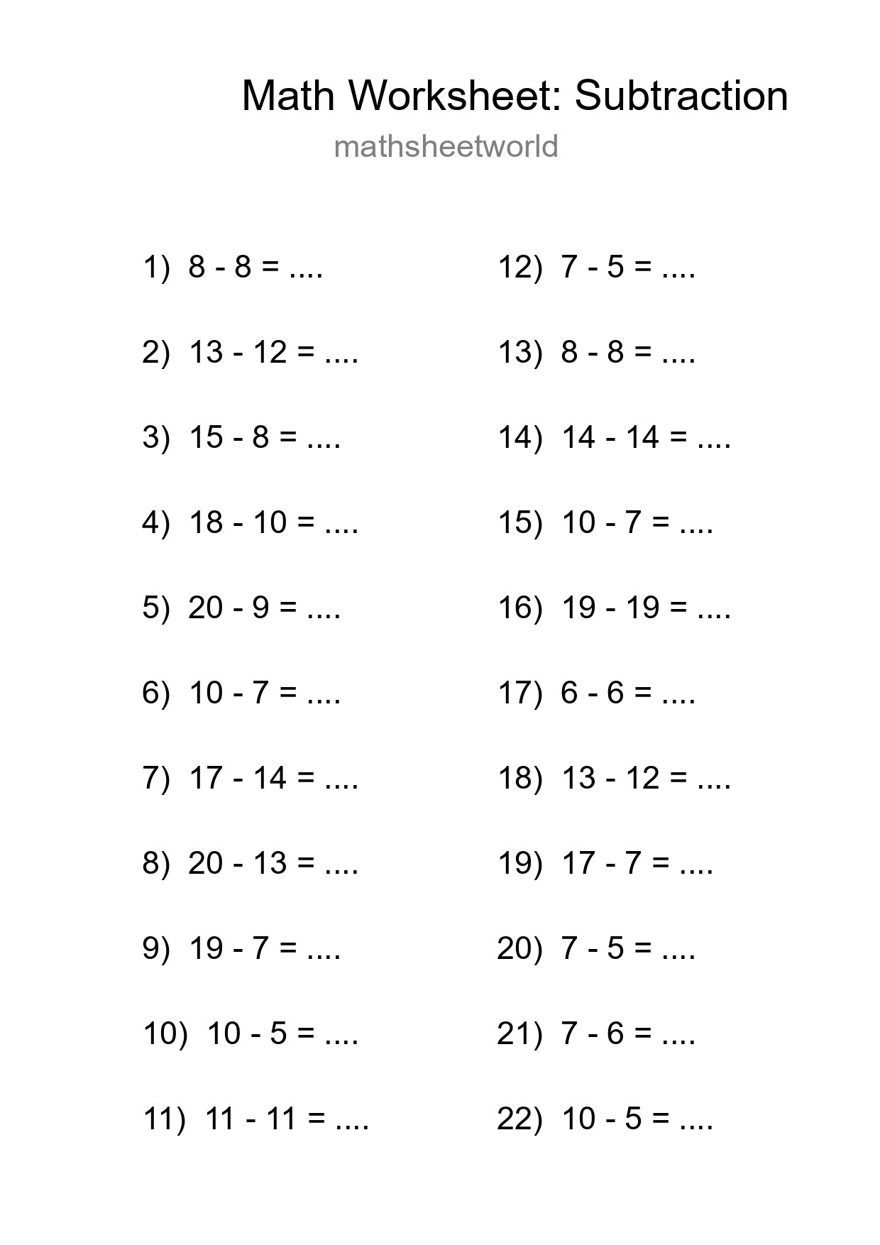 Printable Free 22 Subtraction Math Worksheet For Grade 2 - Part 74