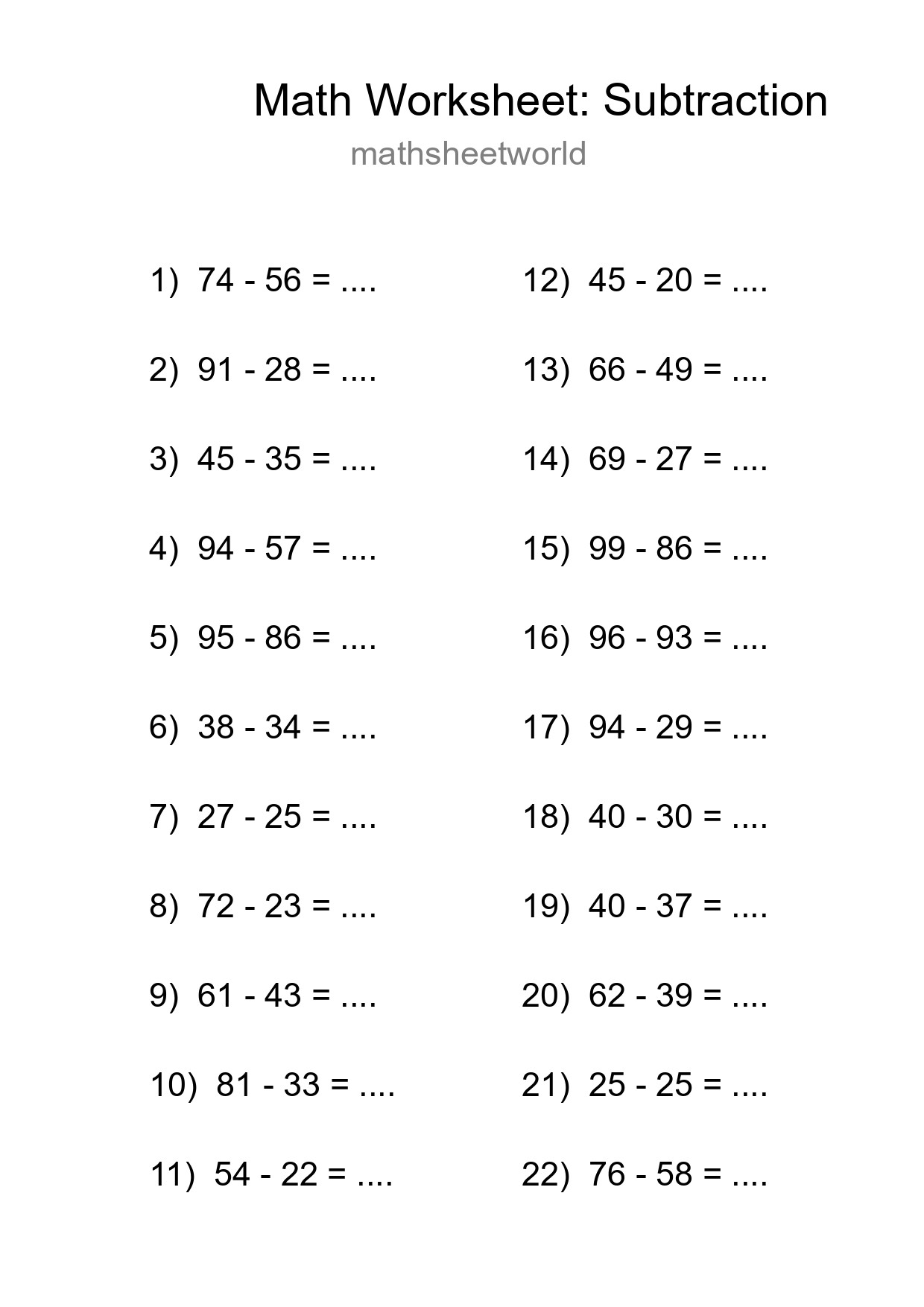 Printable Free 22 Subtraction Math Worksheet For Grade 3 - Part 217