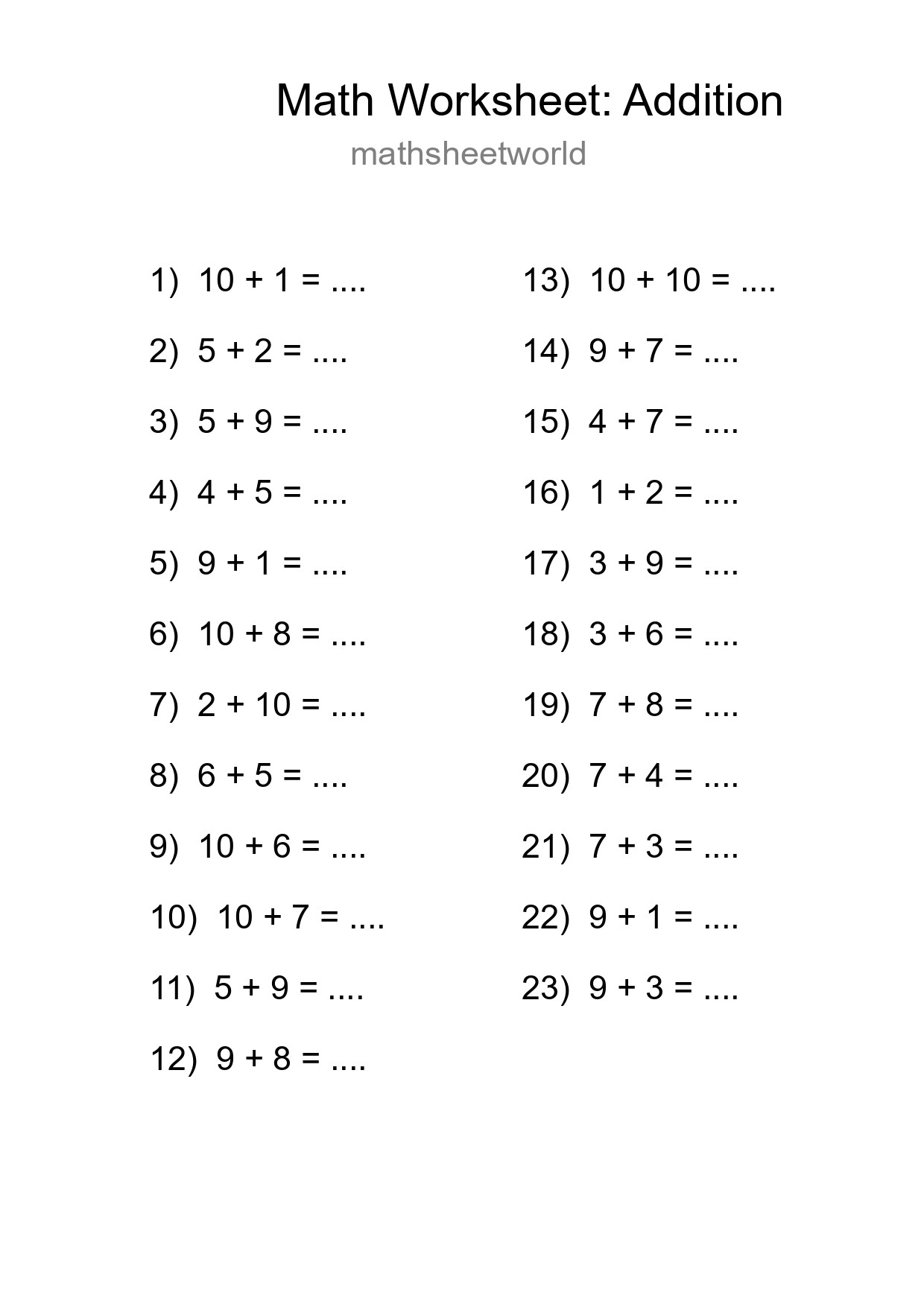Printable Free 23 Addition Math Worksheet For Grade 1 - Part 133