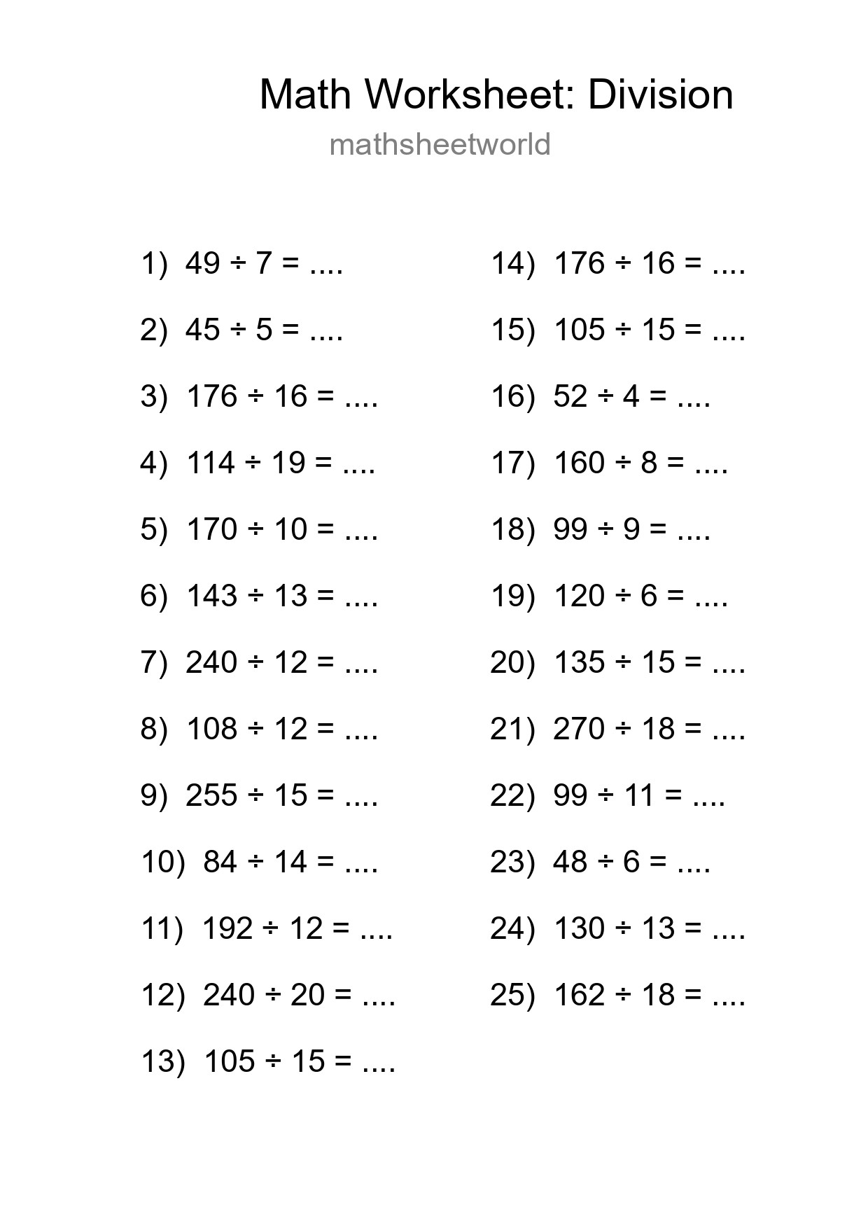 Printable Free 25 Division Math Worksheet For Grade 2 - Part 169