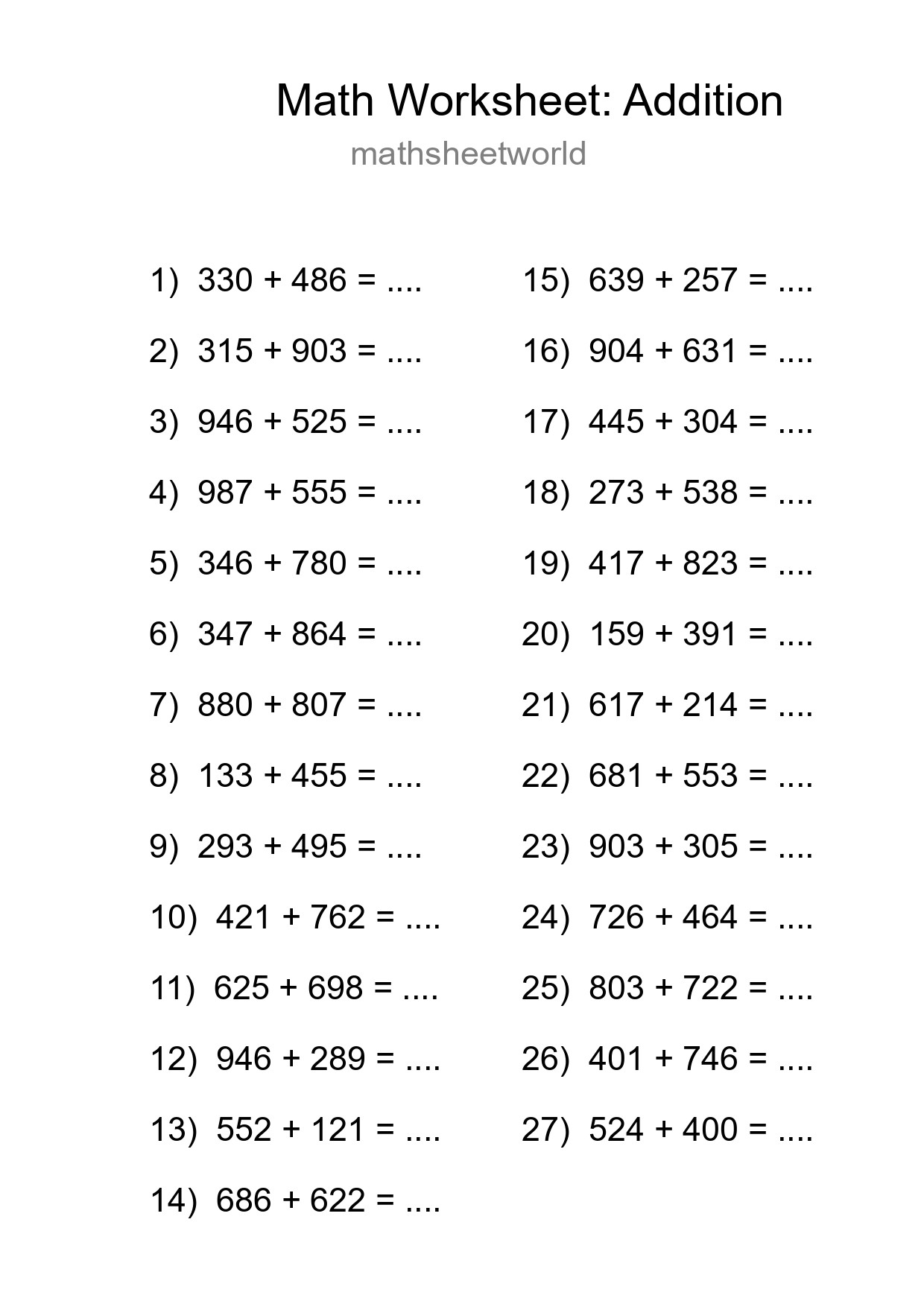 Printable Free 27 Addition Math Worksheet For Grade 5 - Part 232