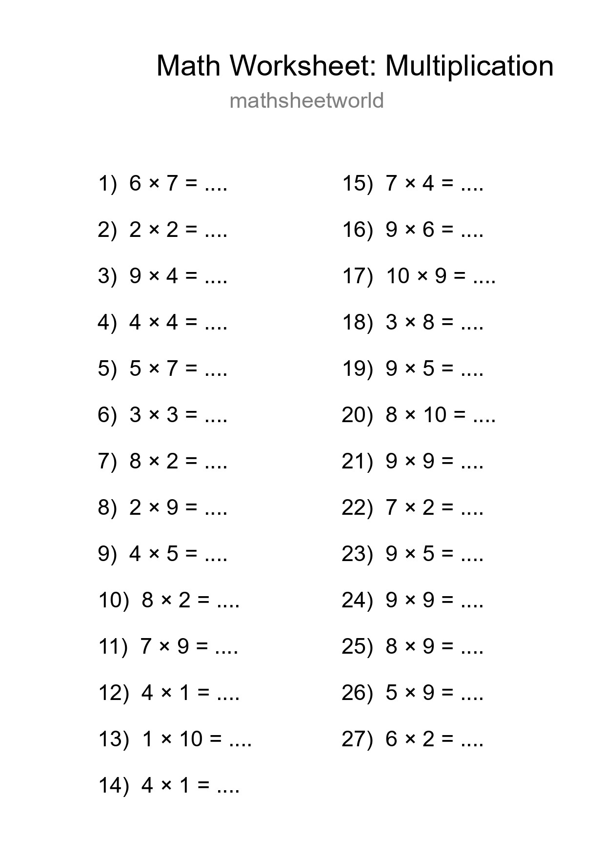 Printable Free 27 Multiplication Math Worksheet For Grade 1 - Part 128