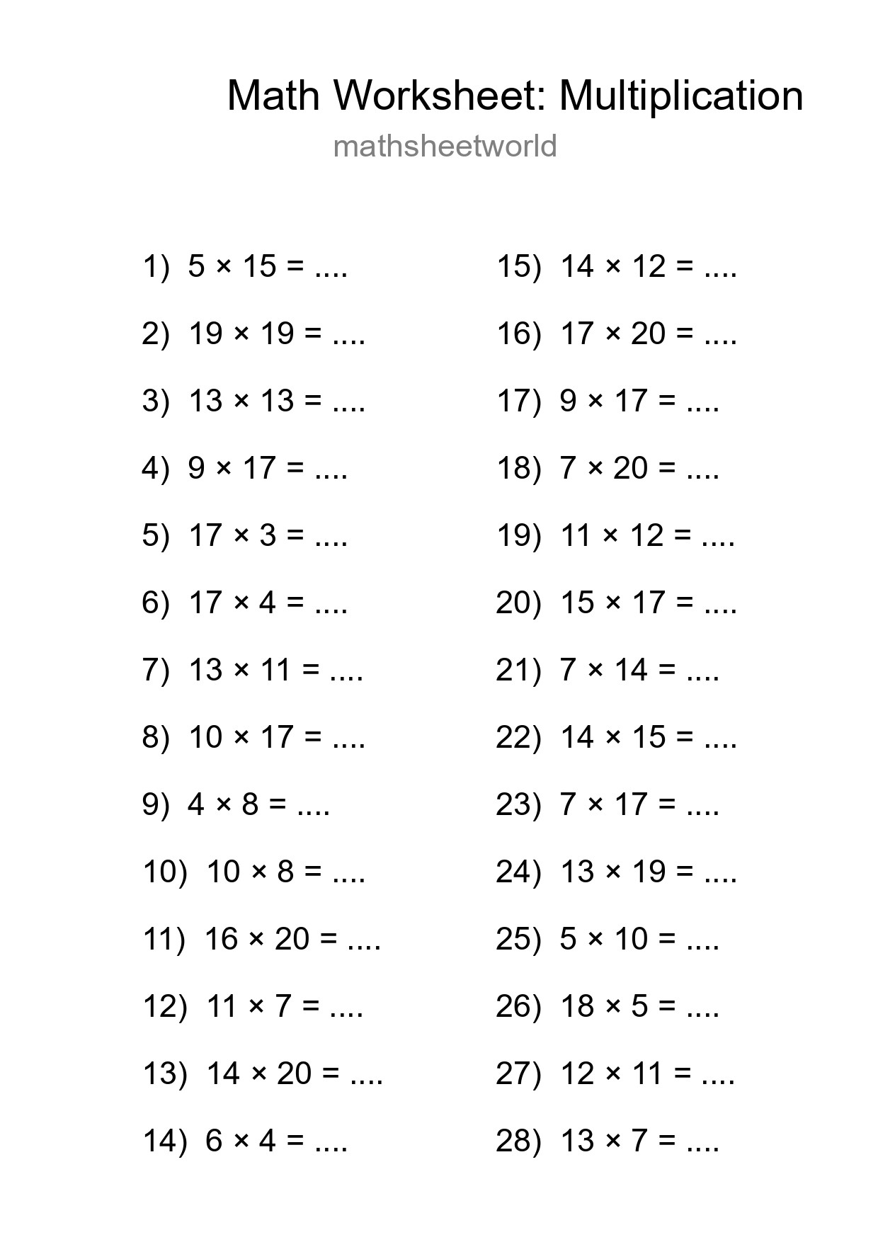 Printable Free 28 Multiplication Math Worksheet For Grade 2 - Part 282